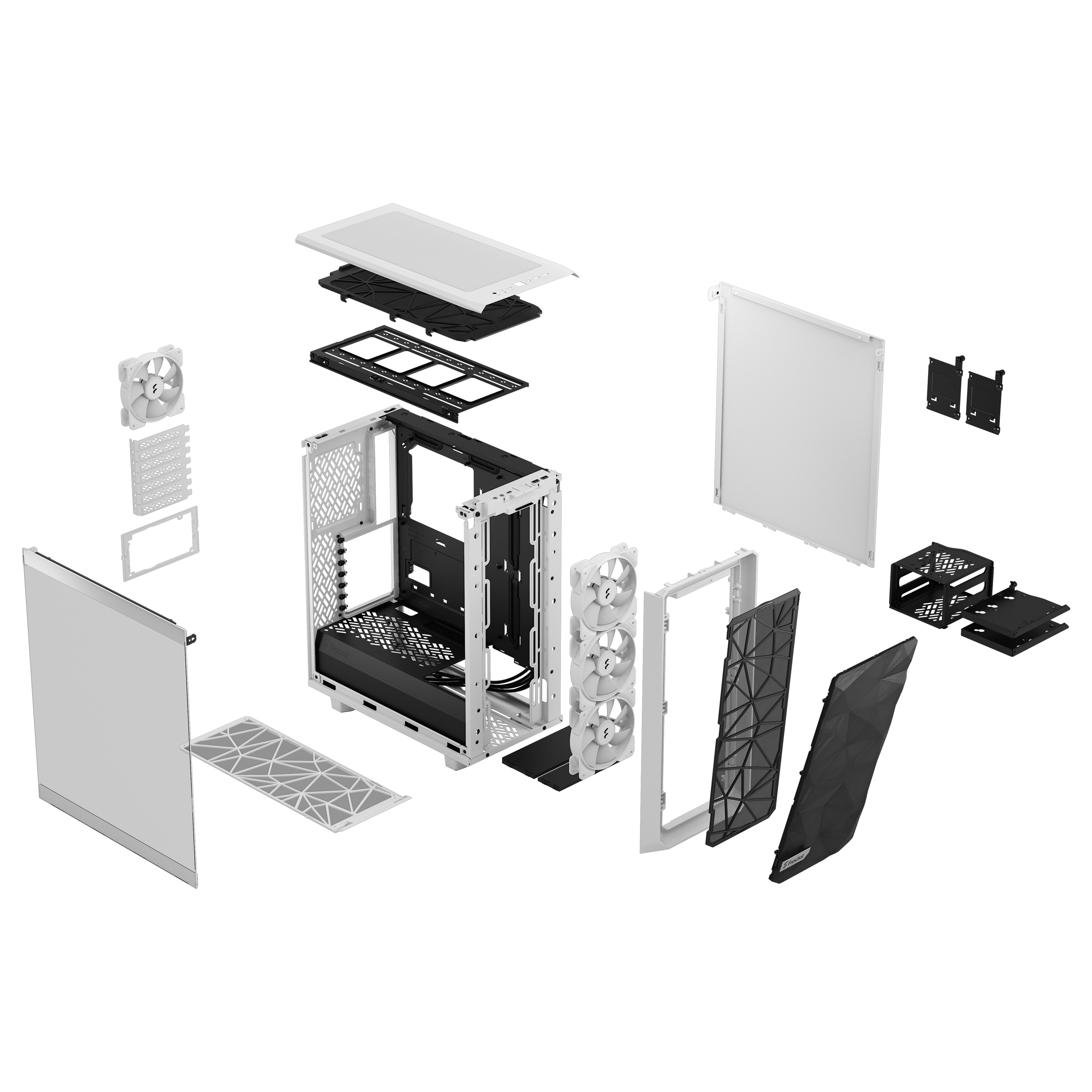Exploded view van een witte computerkast met diverse componenten, waaronder ventilatoren, panelen en interne structuren.