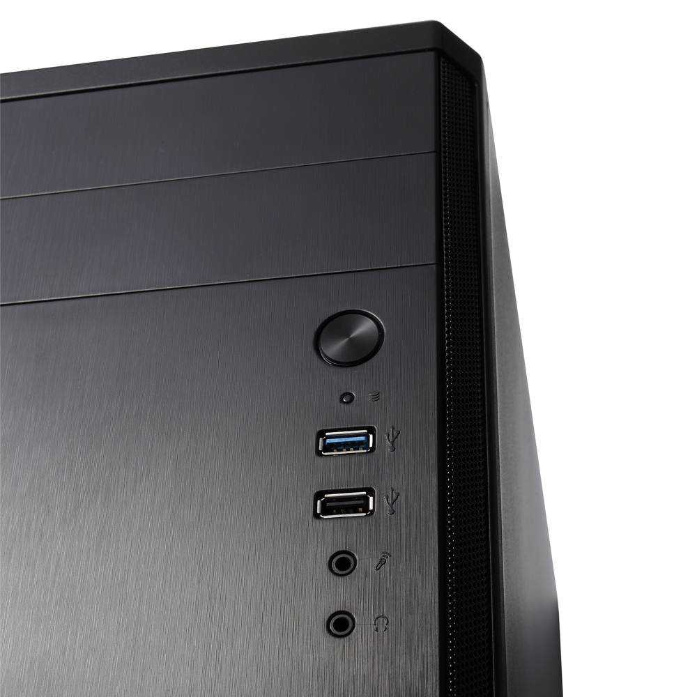 Primo piano di un case per computer nero. Presenta un pulsante di accensione, porte USB e jack audio. L'involucro ha una texture in metallo spazzolato.