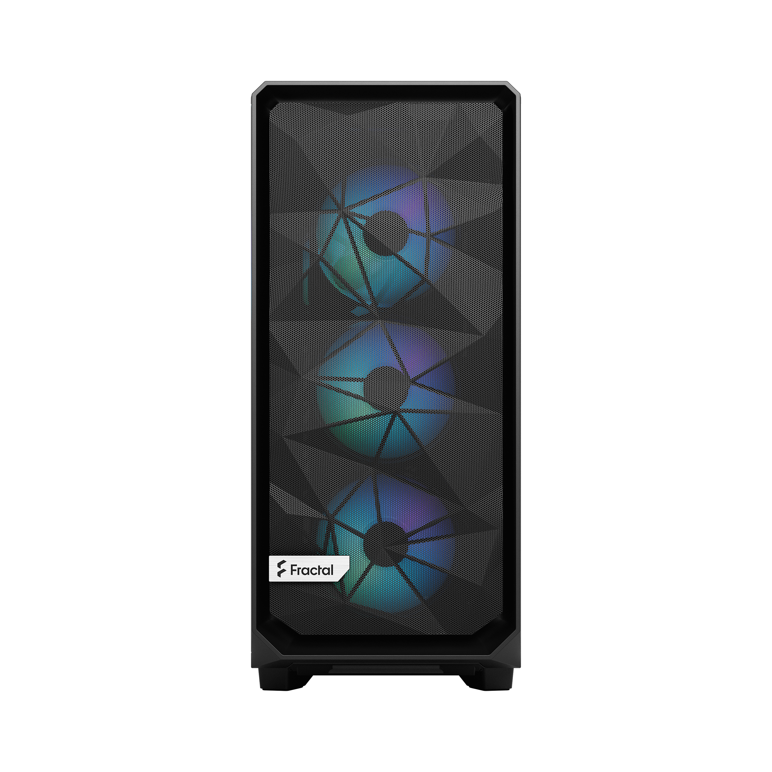 Case nero per computer con frontale a rete, con ventole colorate. Logo Fractal in basso.