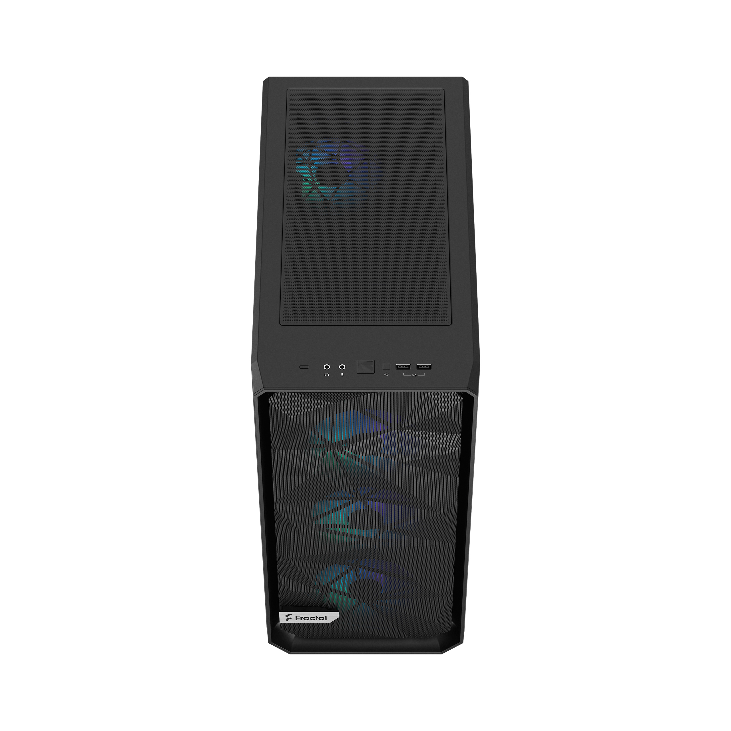 Case nero per computer con frontale e parte superiore a rete. Logo Fractal visibile. Ventole illuminate.