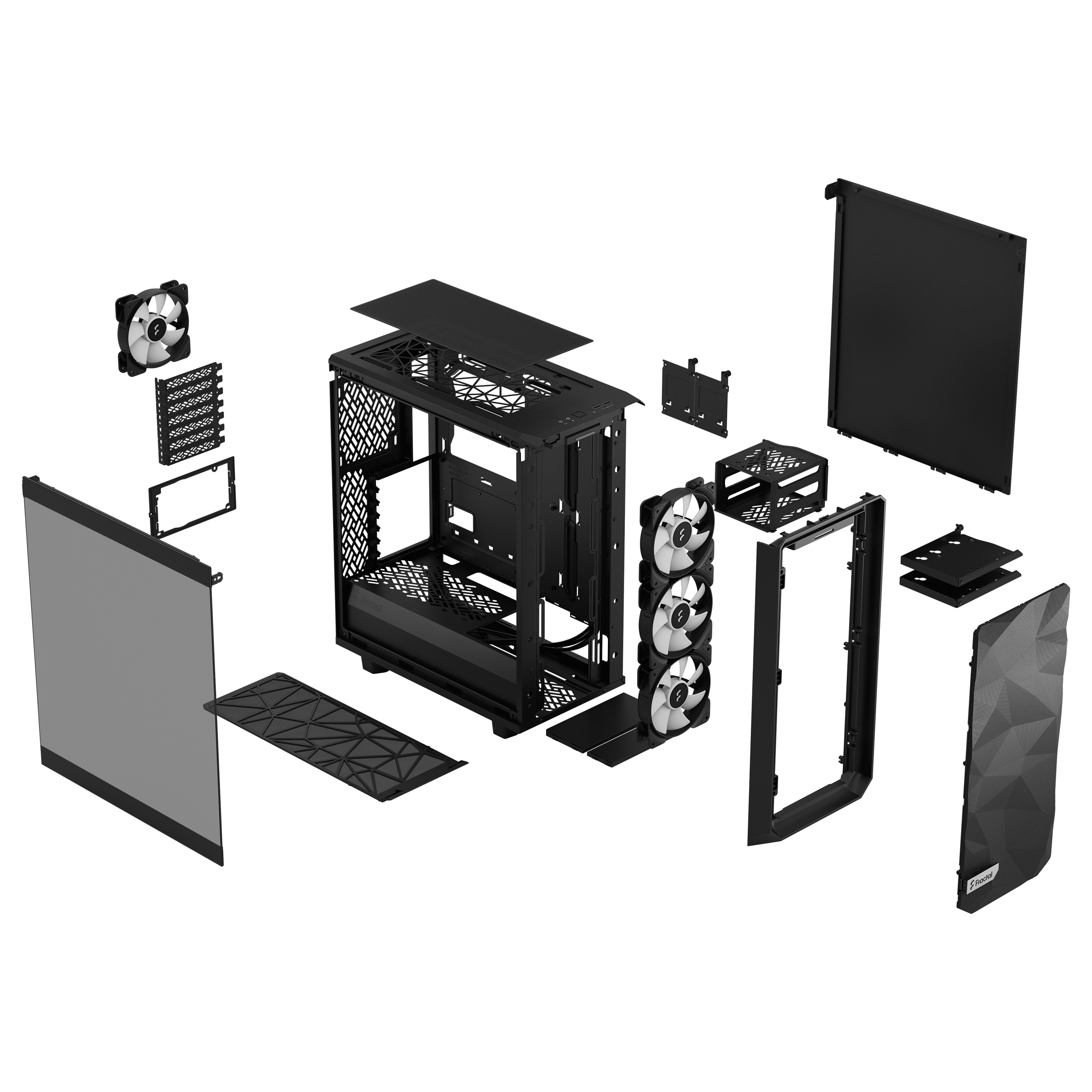 Vista esplosa di un case per computer nero con vari componenti, tra cui ventole, pannelli e strutture interne, tutti separati.