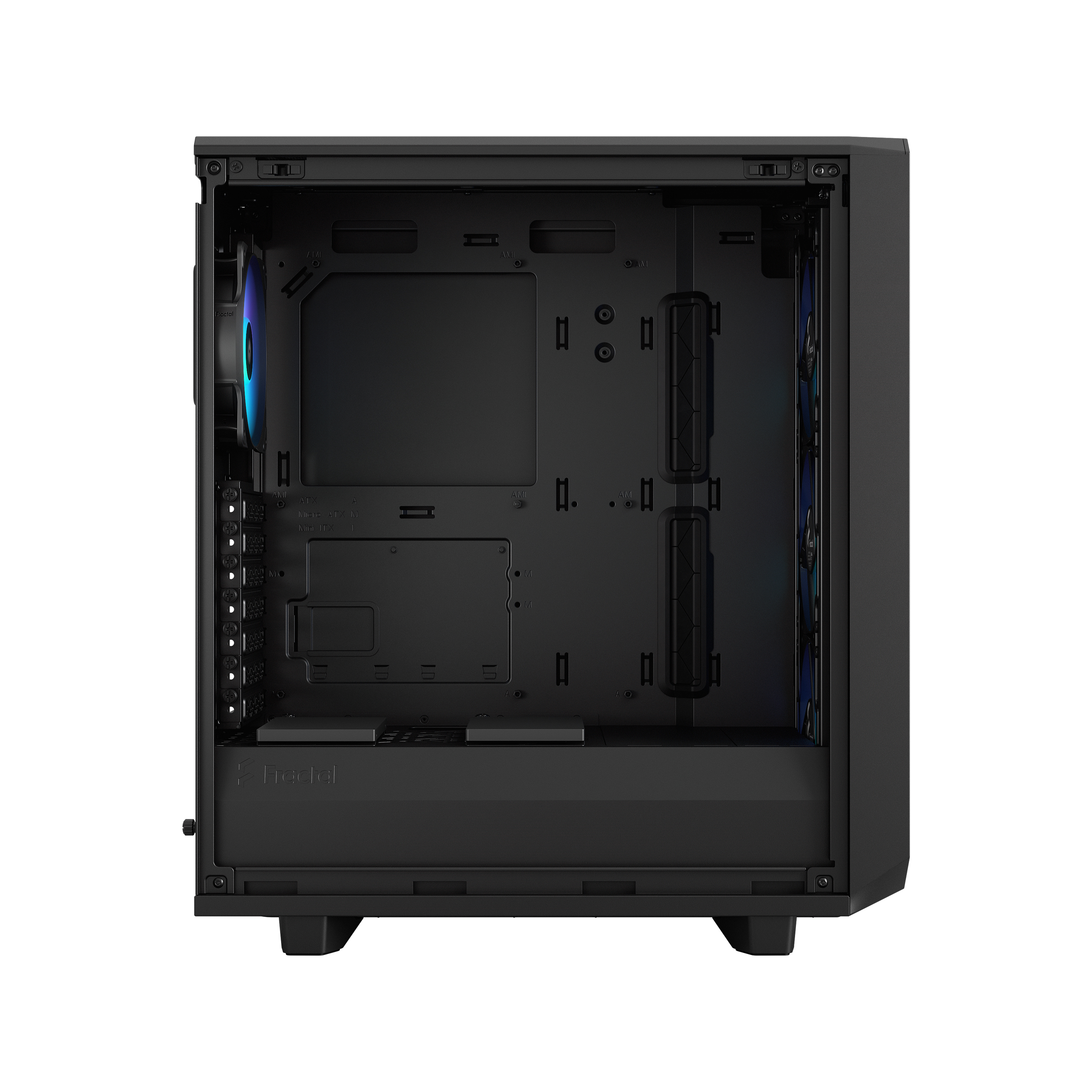 Un case per computer nero, aperto con componenti interni visibili. Include ventole e aree di montaggio.