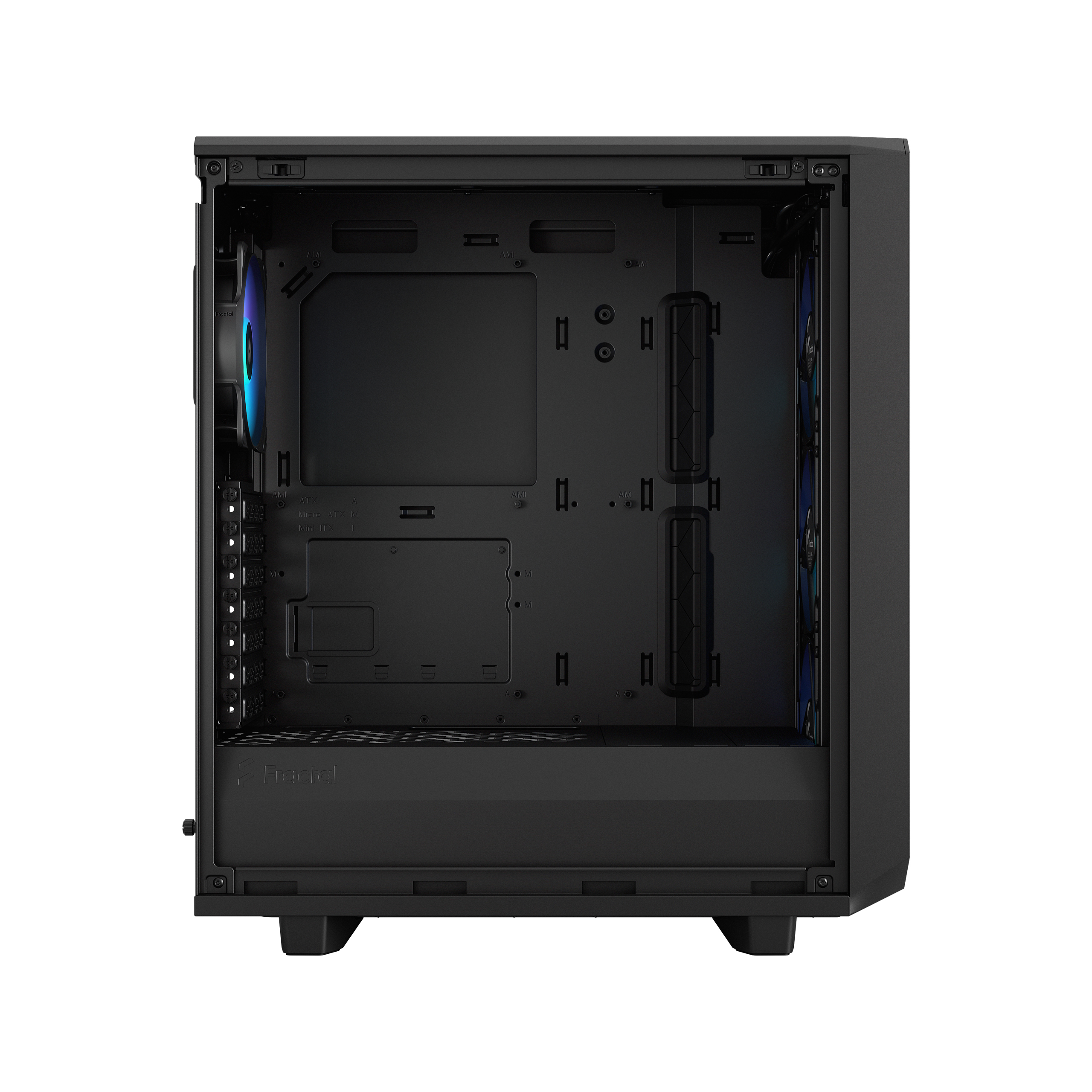 Case per computer nero, aperto per rivelare l'interno. Include ventola con luci blu e viola e punti di montaggio.