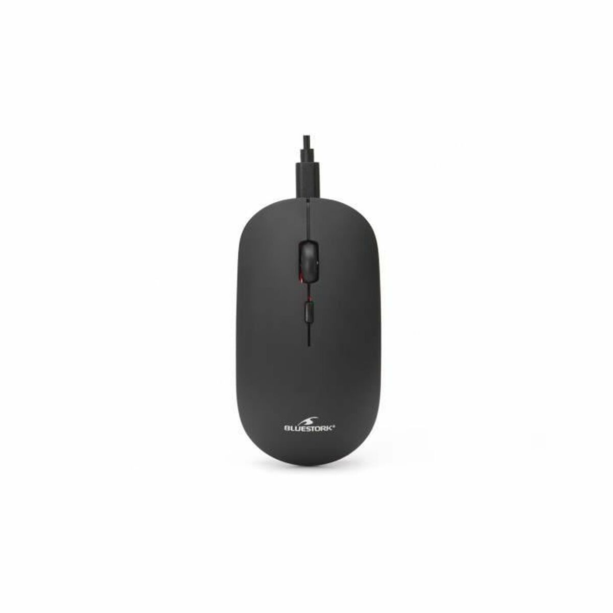 Un ratón de computadora negro con cable. Tiene una rueda de desplazamiento y dos botones. La marca Bluetork está en la parte inferior.