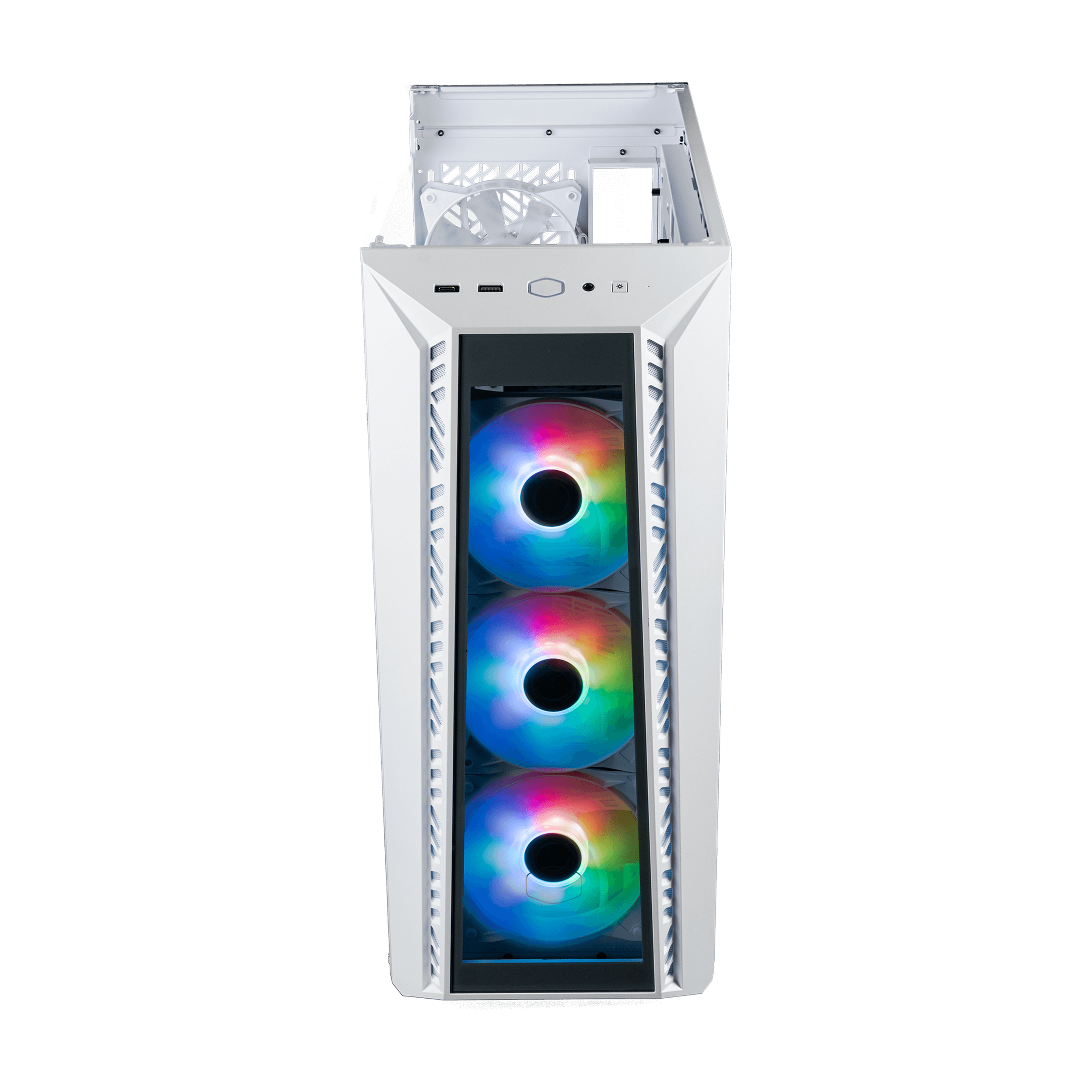 A white computer case with three RGB fans visible. The case has a rectangular design and is on a white background.