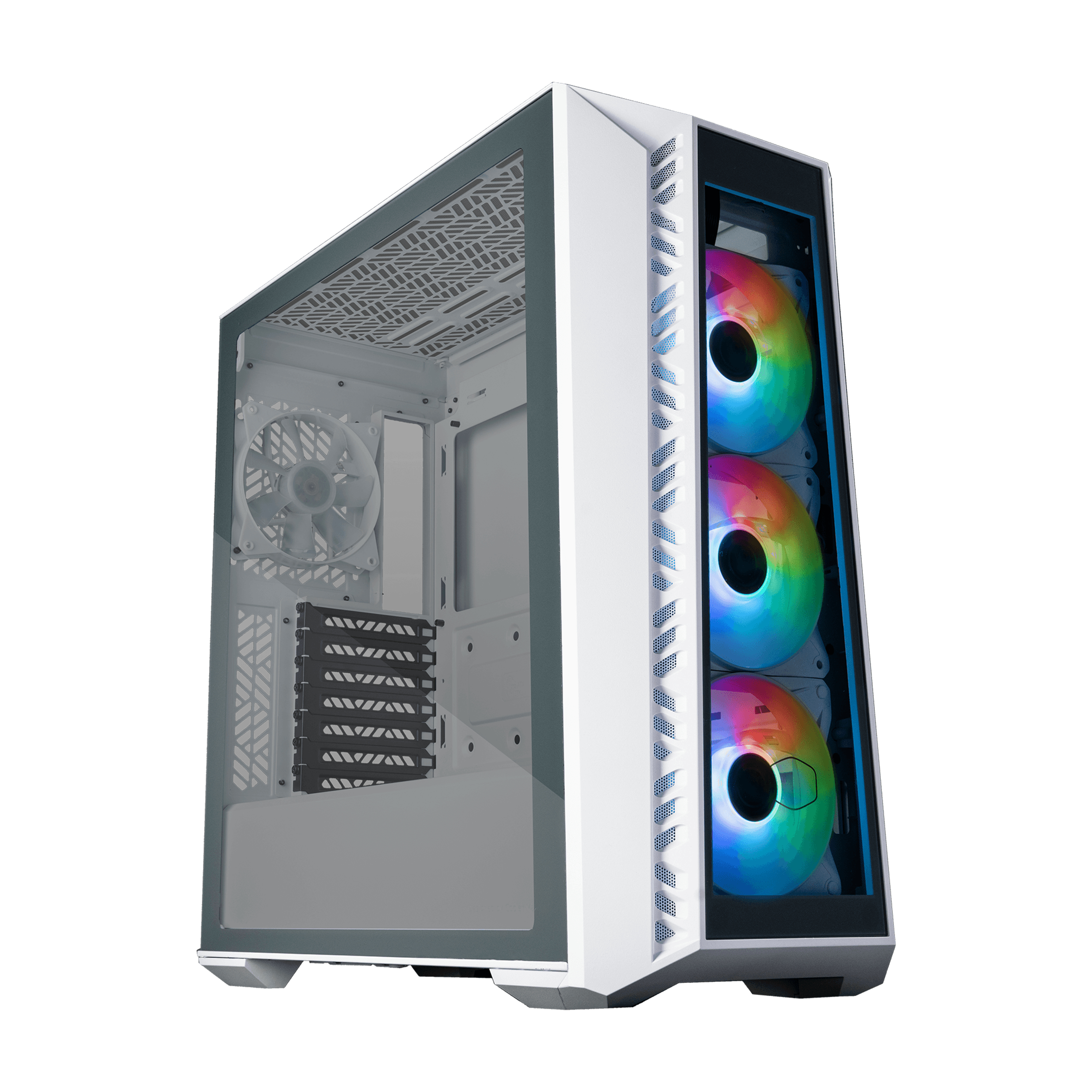 A white computer case with glass side panel and rainbow LED fans. It is on a white background.