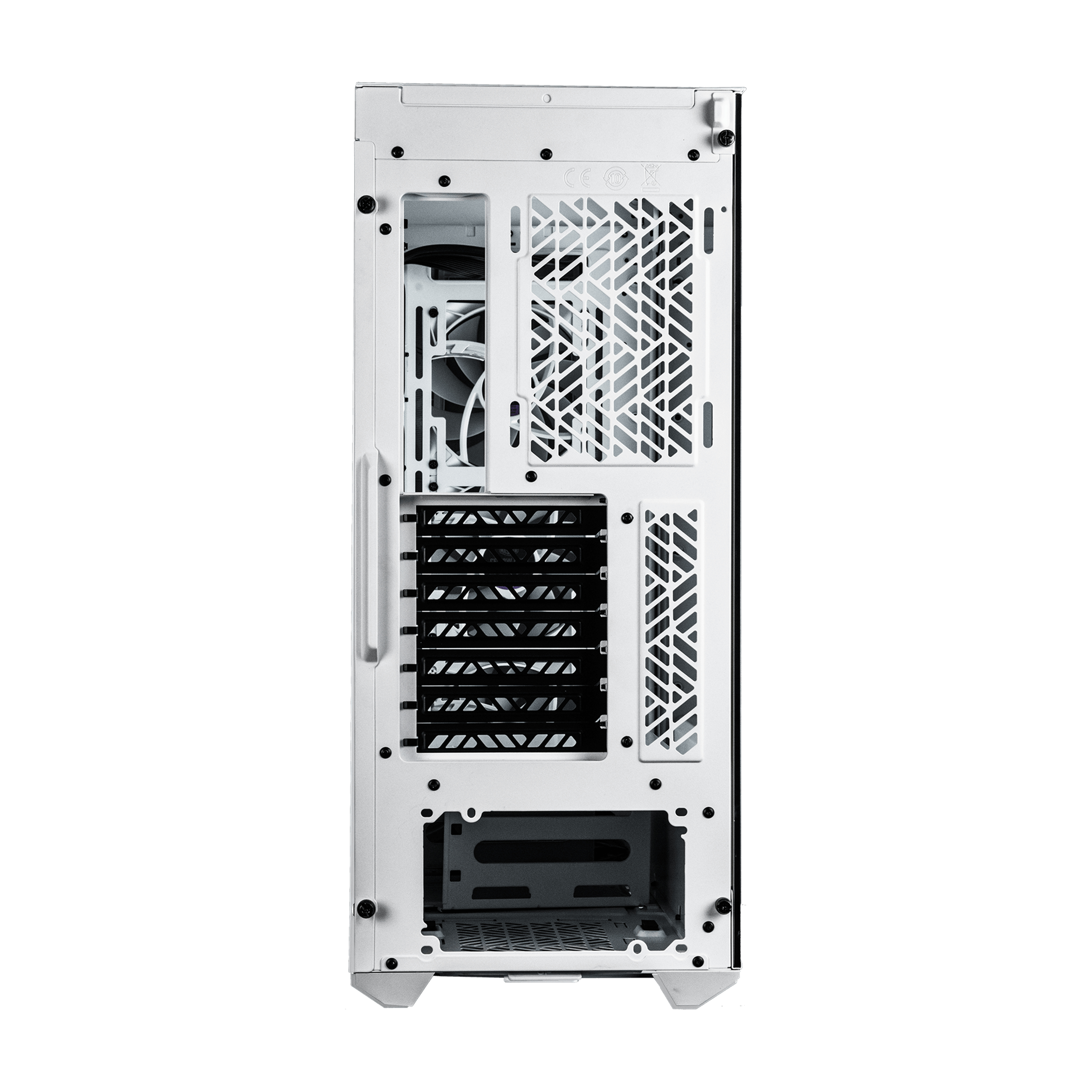 White computer case back view. Features include fan mounts, vents, and drive bays. The case is empty.