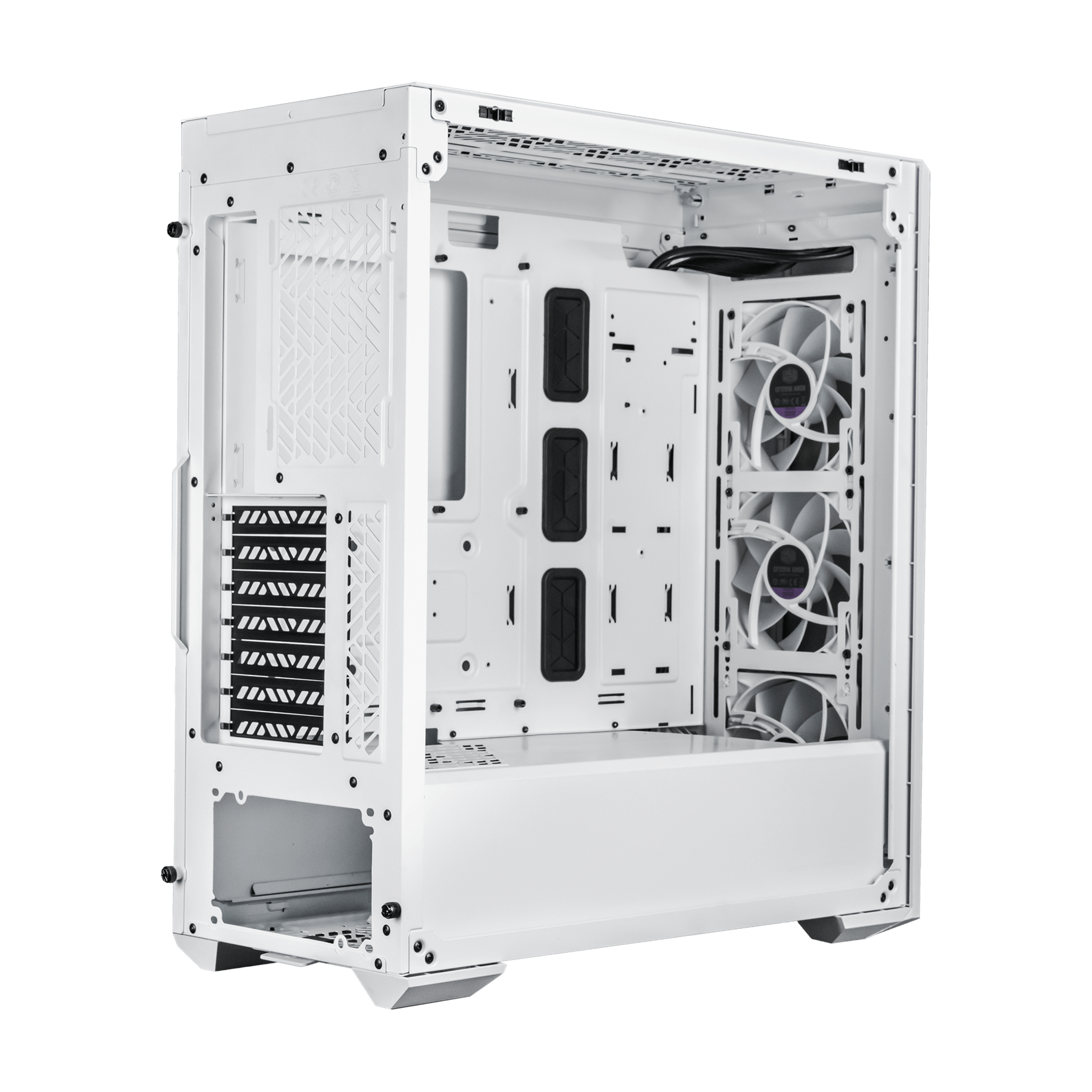 White computer case with open sides, showing internal structure, fan mounts, and various compartments. Isolated on white background.