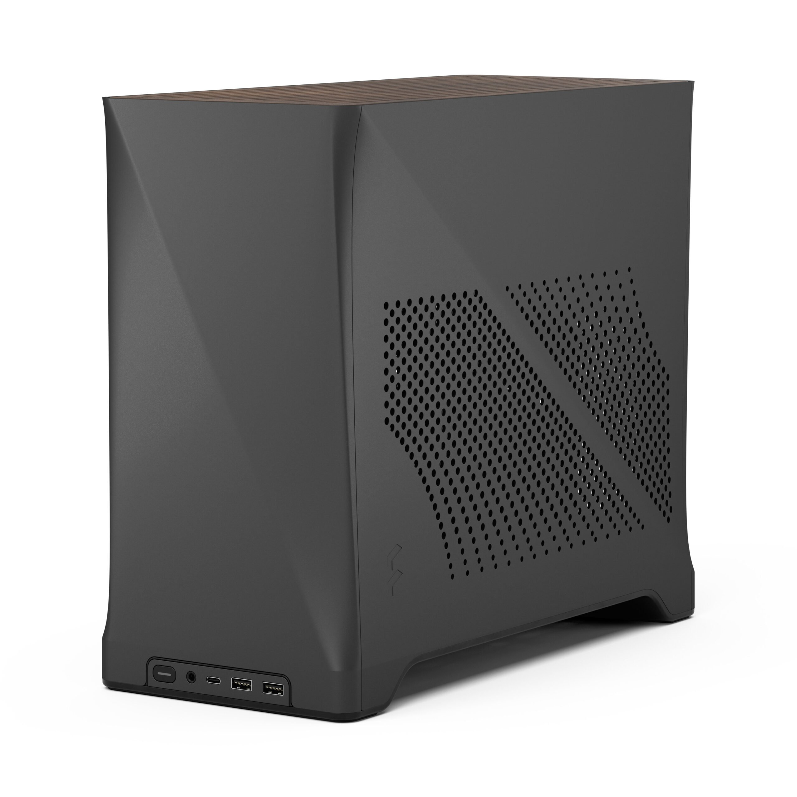 Case per computer grigio scuro con top in legno. Design geometrico e fessure di ventilazione.