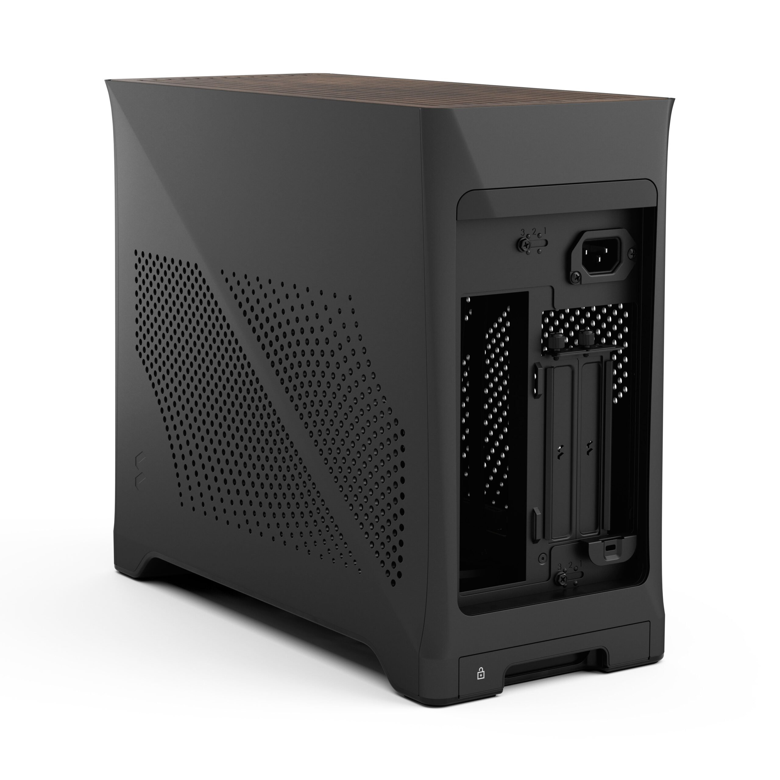 Case per computer nero con piano in legno. Ha un pannello laterale perforato e componenti interni aperti.