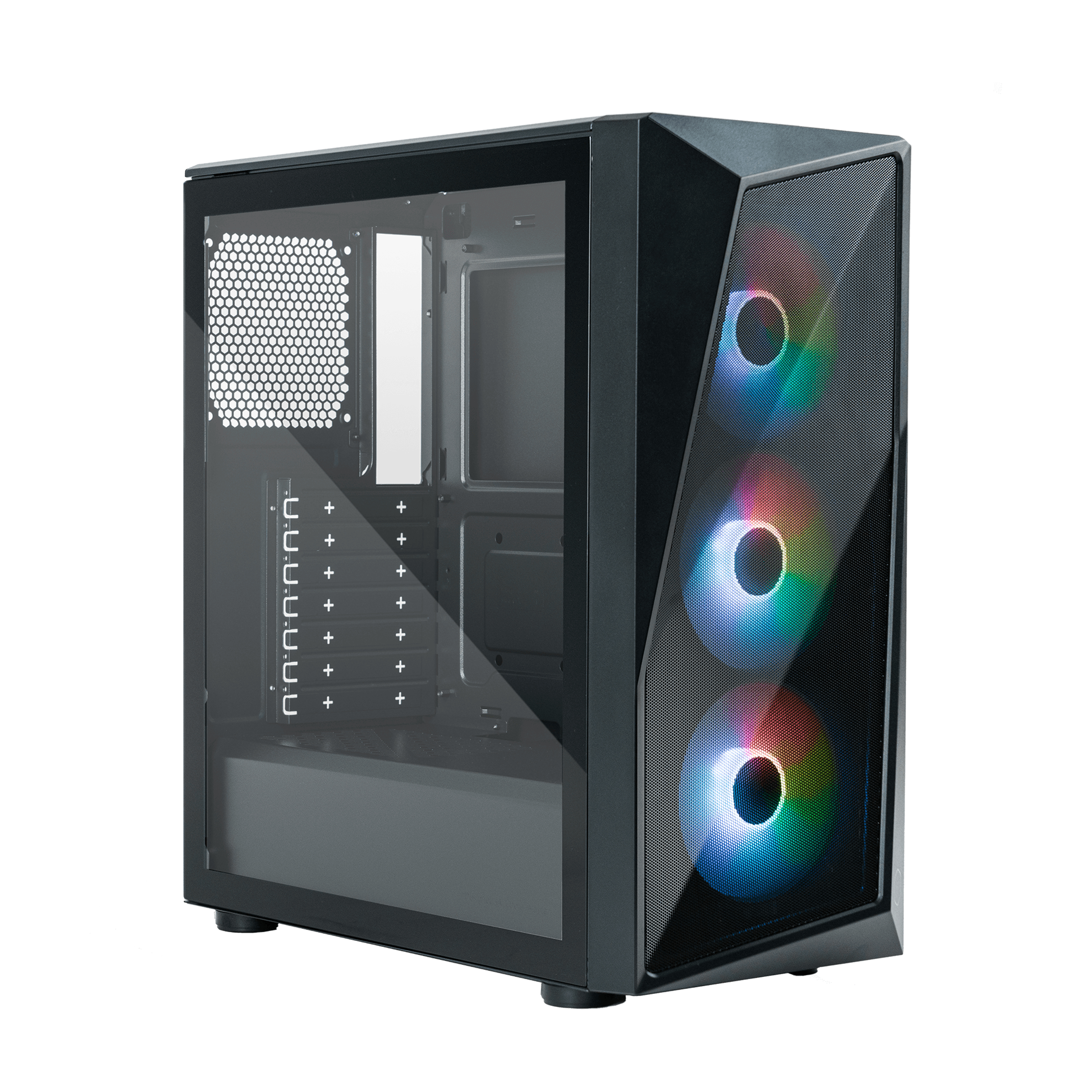 Zwarte computerkast met glazen paneel en RGB-ventilatoren. Het voorpaneel is van mesh.