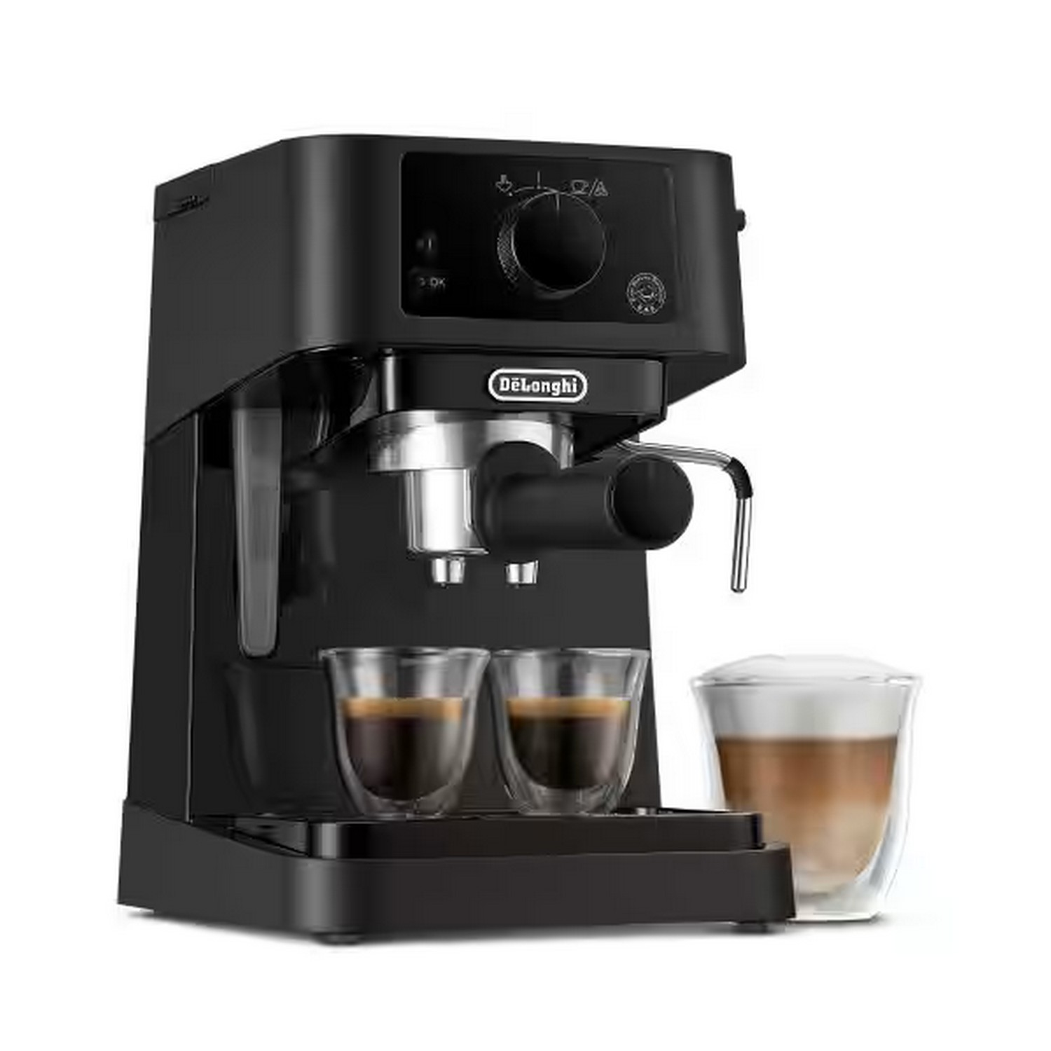 Czarny ekspres do kawy De'Longhi z dwoma espresso i szklanką latte na białym tle.