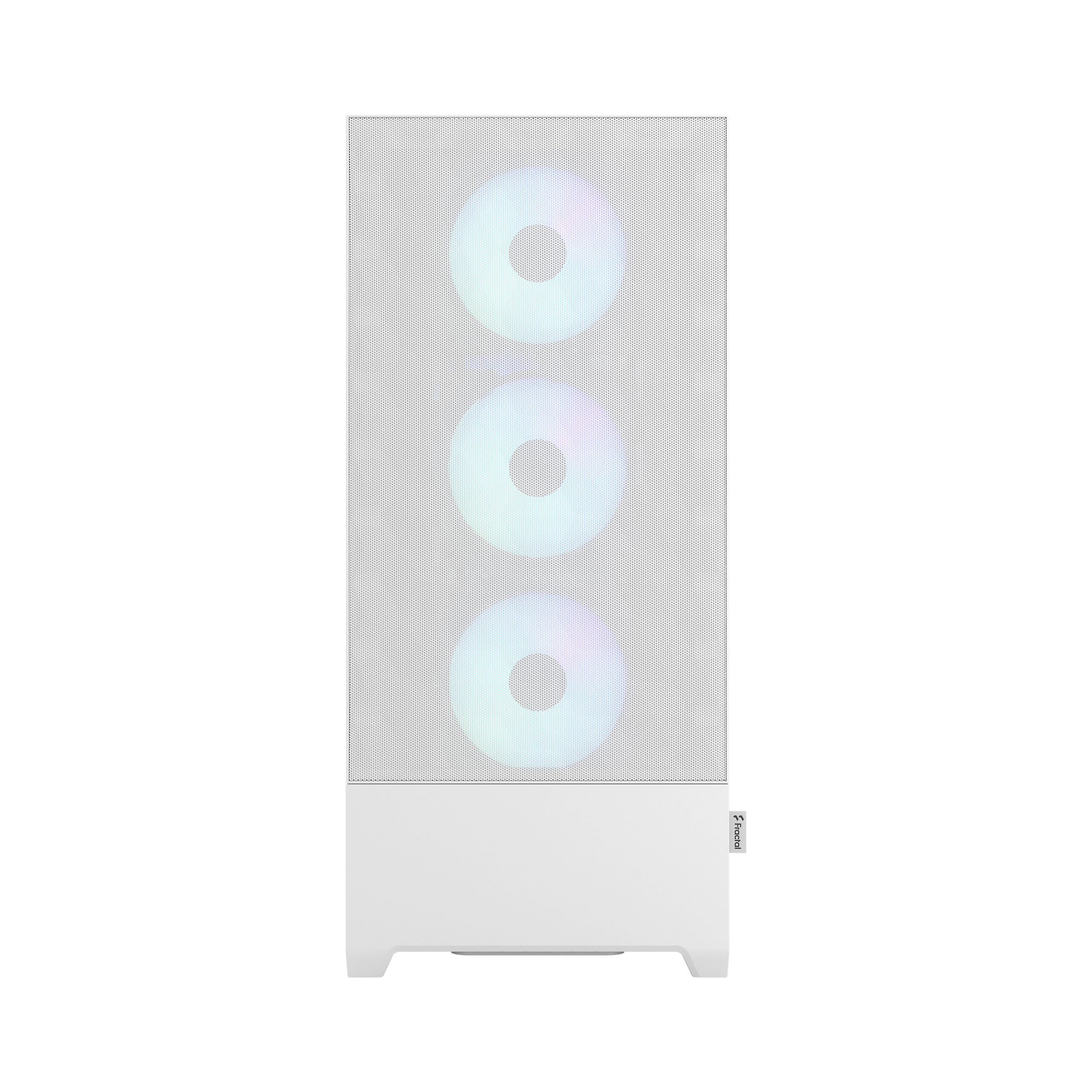 Boîtier d'ordinateur blanc avec trois ventilateurs circulaires éclairés. Le boîtier a une façade en mesh et un logo Fractal.