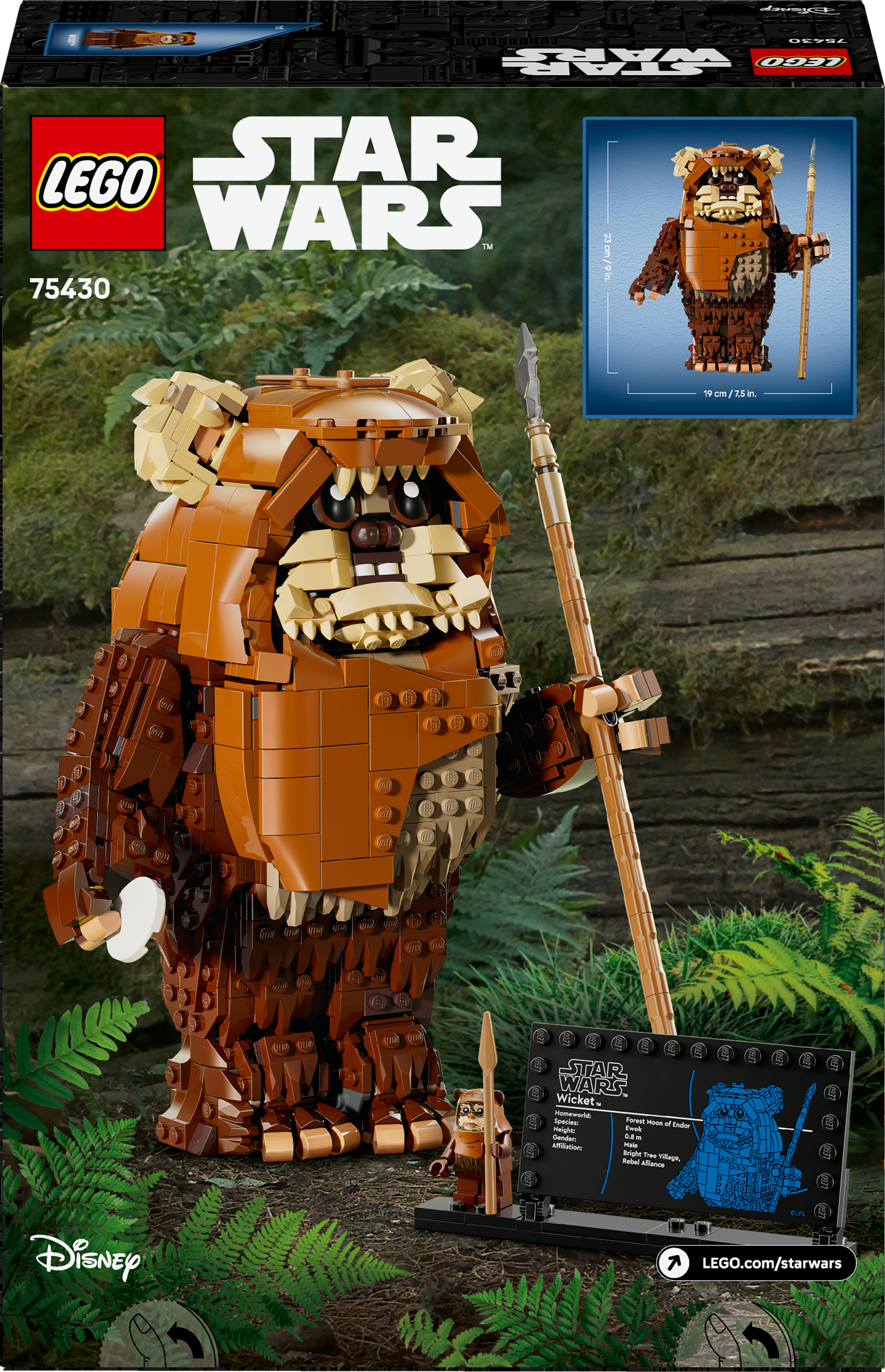 Zestaw Lego Star Wars z figurką Ewoka trzymającą włócznię, z mniejszą figurką i wyświetlaczem.