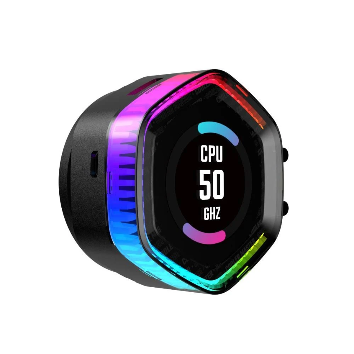 Chłodnica procesora z czarnym korpusem i przezroczystym przodem, wyświetlająca statystyki procesora na biało, otoczona kolorowymi światłami.