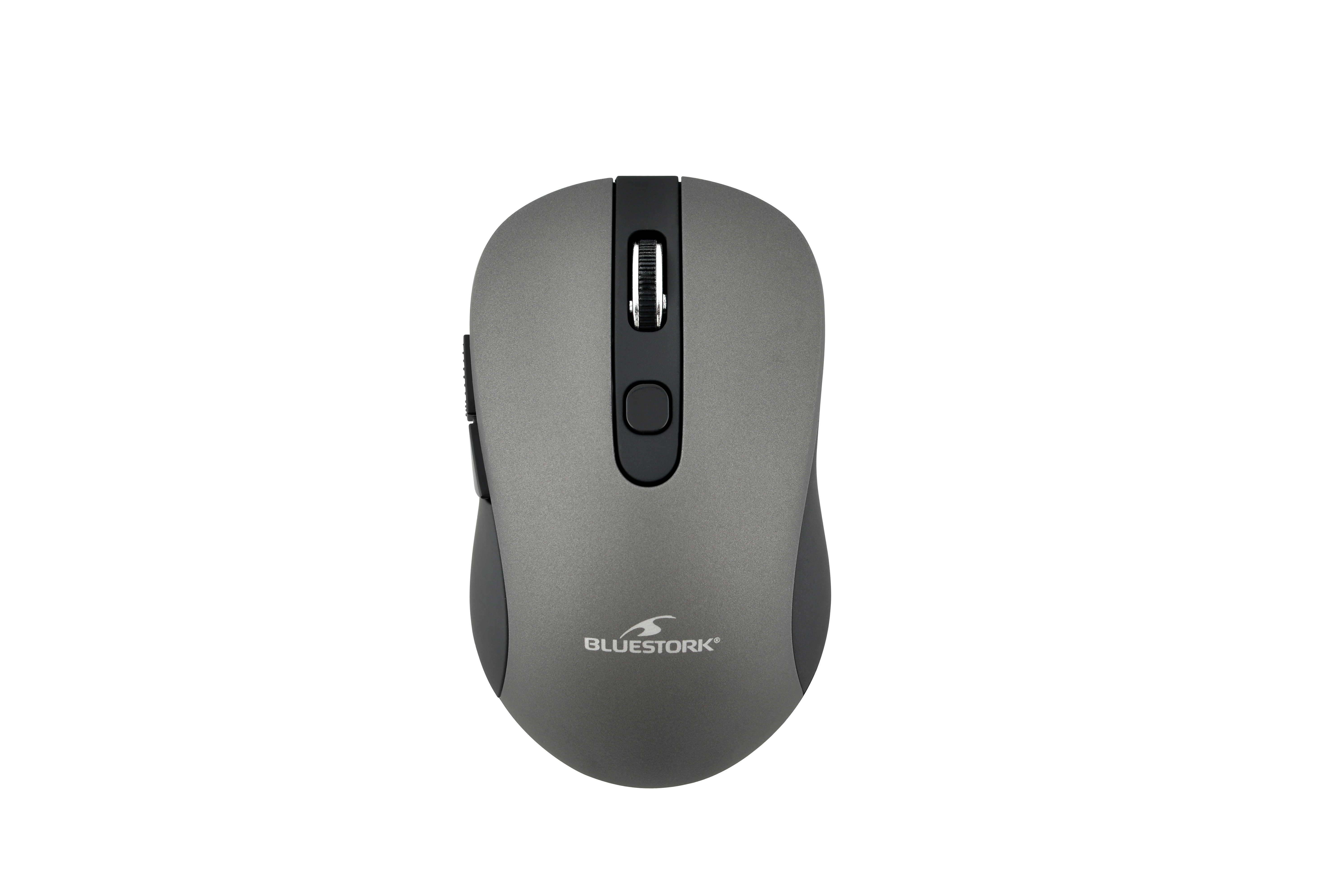 Een grijze Blustork computermuis is gecentreerd op een witte achtergrond. Het heeft een scrollwiel en twee knoppen.