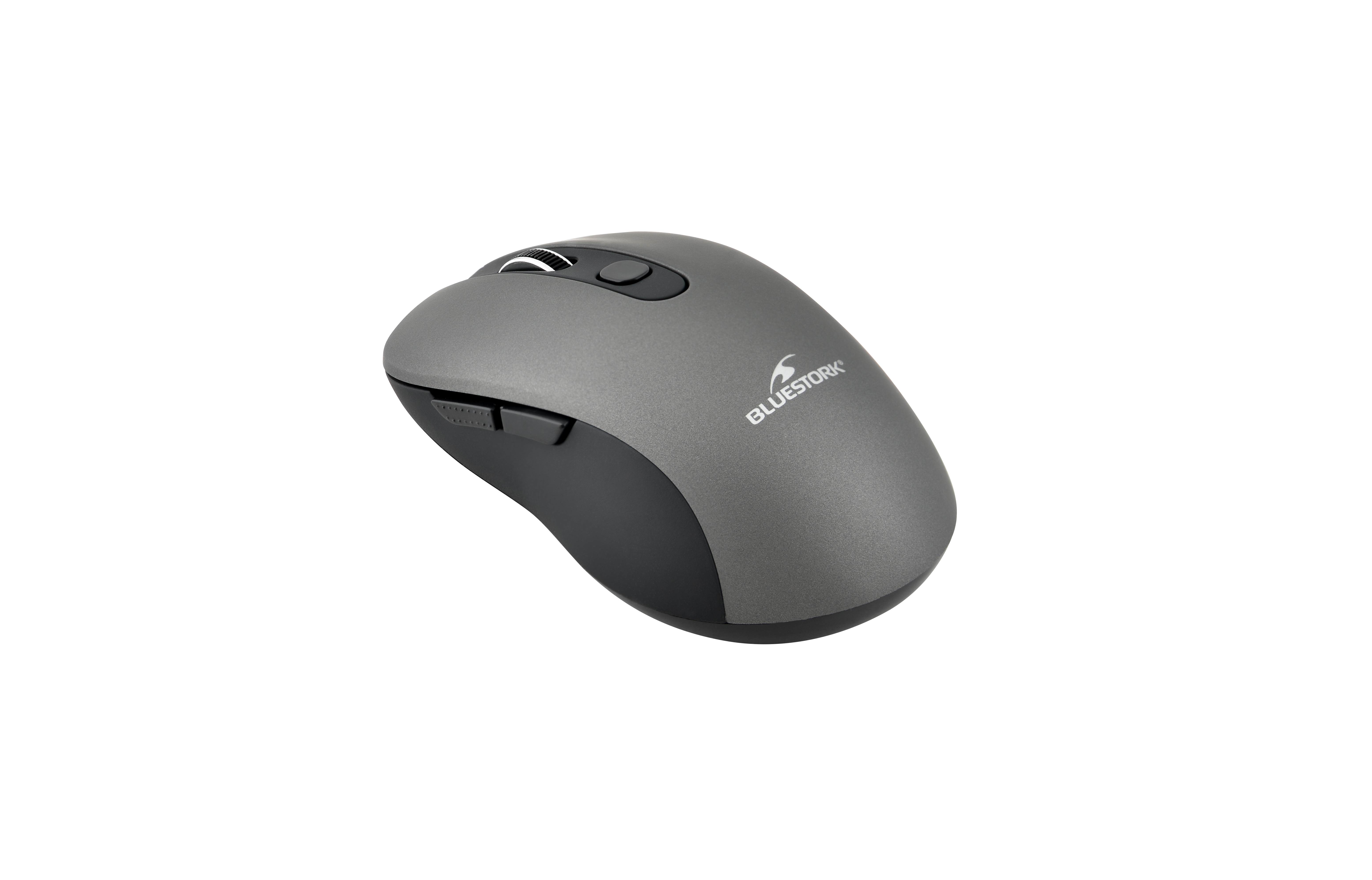 Een grijze en zwarte computermuis. Het heeft knoppen en een scrollwiel, met het logo 'Bluestork'.