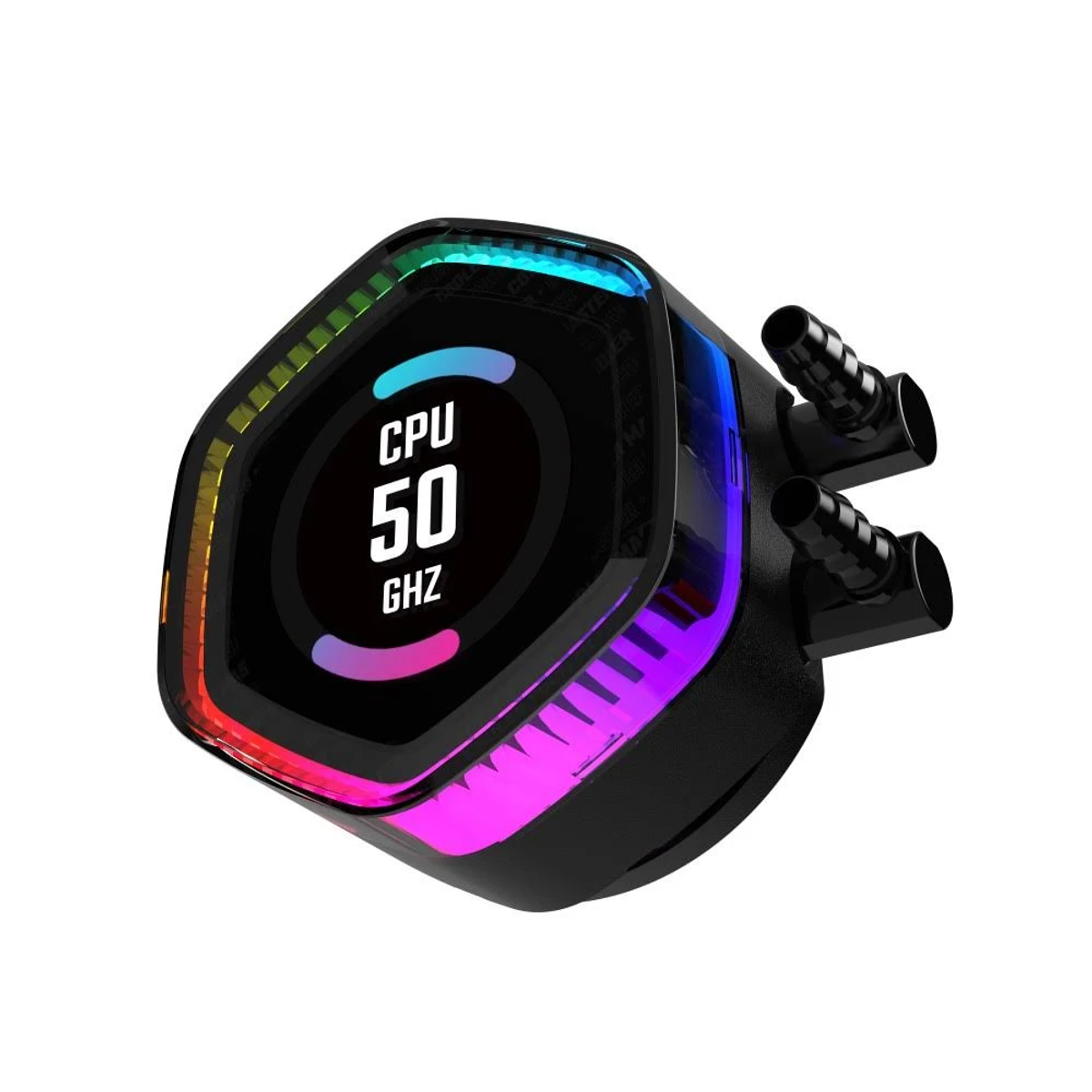 Czarny cooler CPU z ekranem wyświetlającym CPU 50 GHz. Posiada kolorowe światła RGB i dwie czarne rurki.