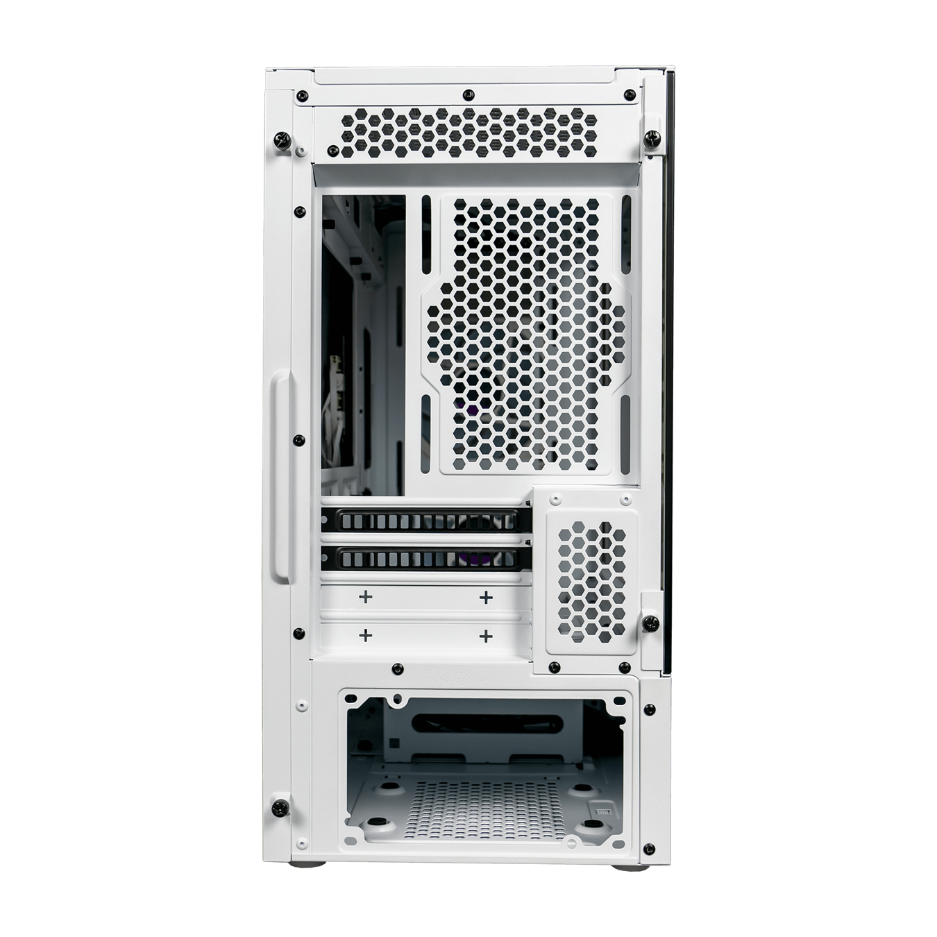 Een witte computerkast achterkant. Het heeft meerdere openingen met een honingraatpatroon voor ventilatie en diverse montagepunten.