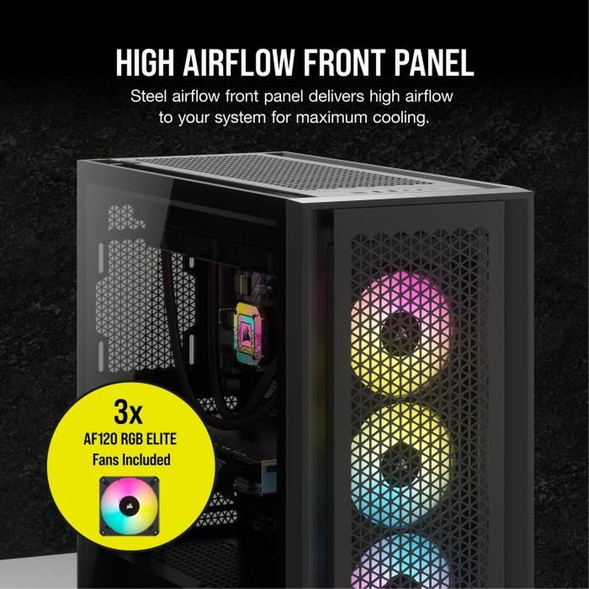 Czarna obudowa komputera z wentylatorami RGB. Tekst: High Airflow Front Panel. Zawiera 3x wentylatory AF120 RGB ELITE.
