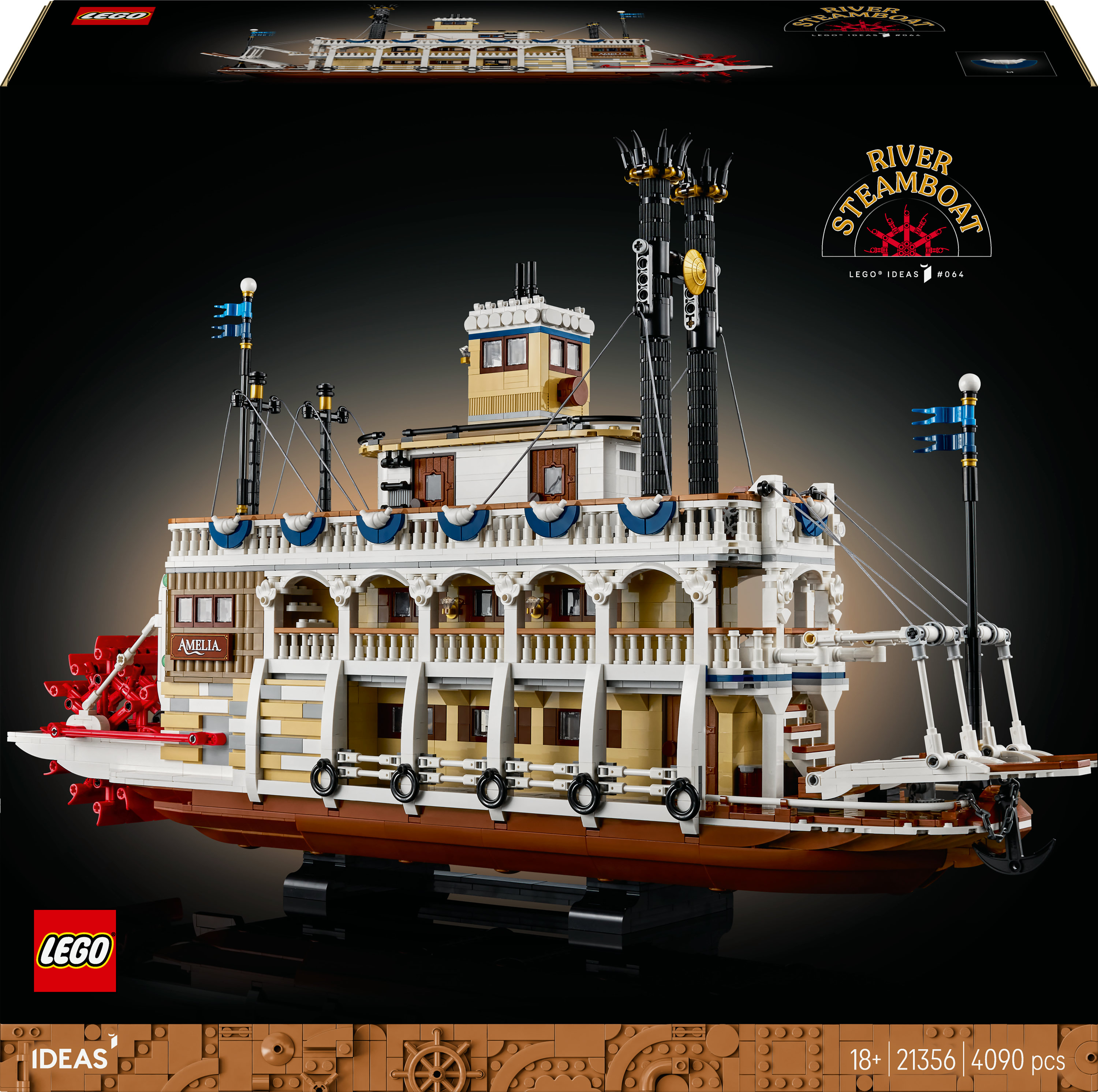 Model LEGO River Steamboat. To szczegółowy statek z kołem łopatkowym, wieloma pokładami i różnymi kolorami.