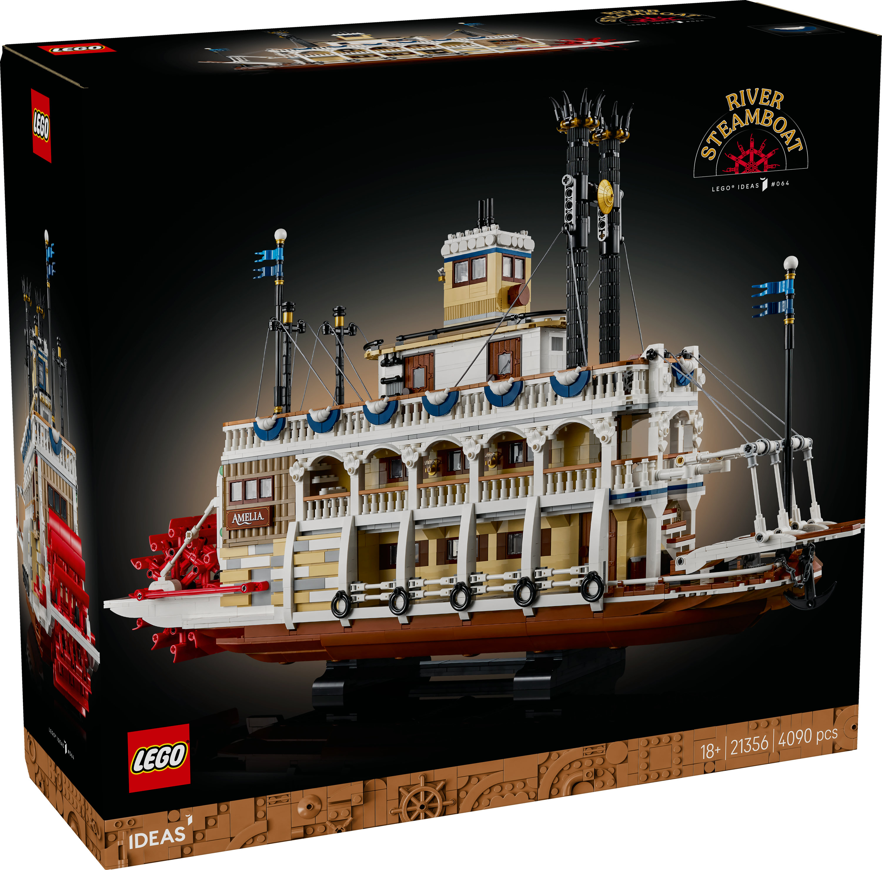 Pudełko LEGO przedstawia model River Steamboat. Posiada koło łopatkowe, wiele pokładów i niebieskie flagi.