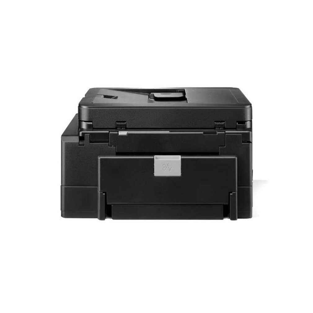 Een zwarte printer op een witte achtergrond. De printer is rechthoekig met een papierlade en een bovenkant.