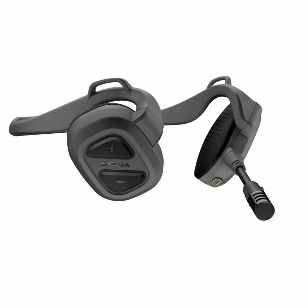 Un auricolare Bluetooth Sena grigio. Ha pulsanti e un microfono. Il design è elegante e moderno, adatto alla comunicazione.