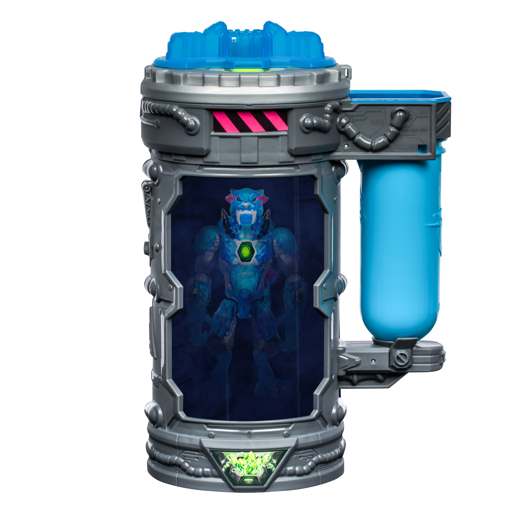 Ein blaues Monster in einem futuristischen Behälter. Der Behälter ist grau und blau mit Neonakzenten. Ein blauer Flüssigkeitstank ist angebracht.