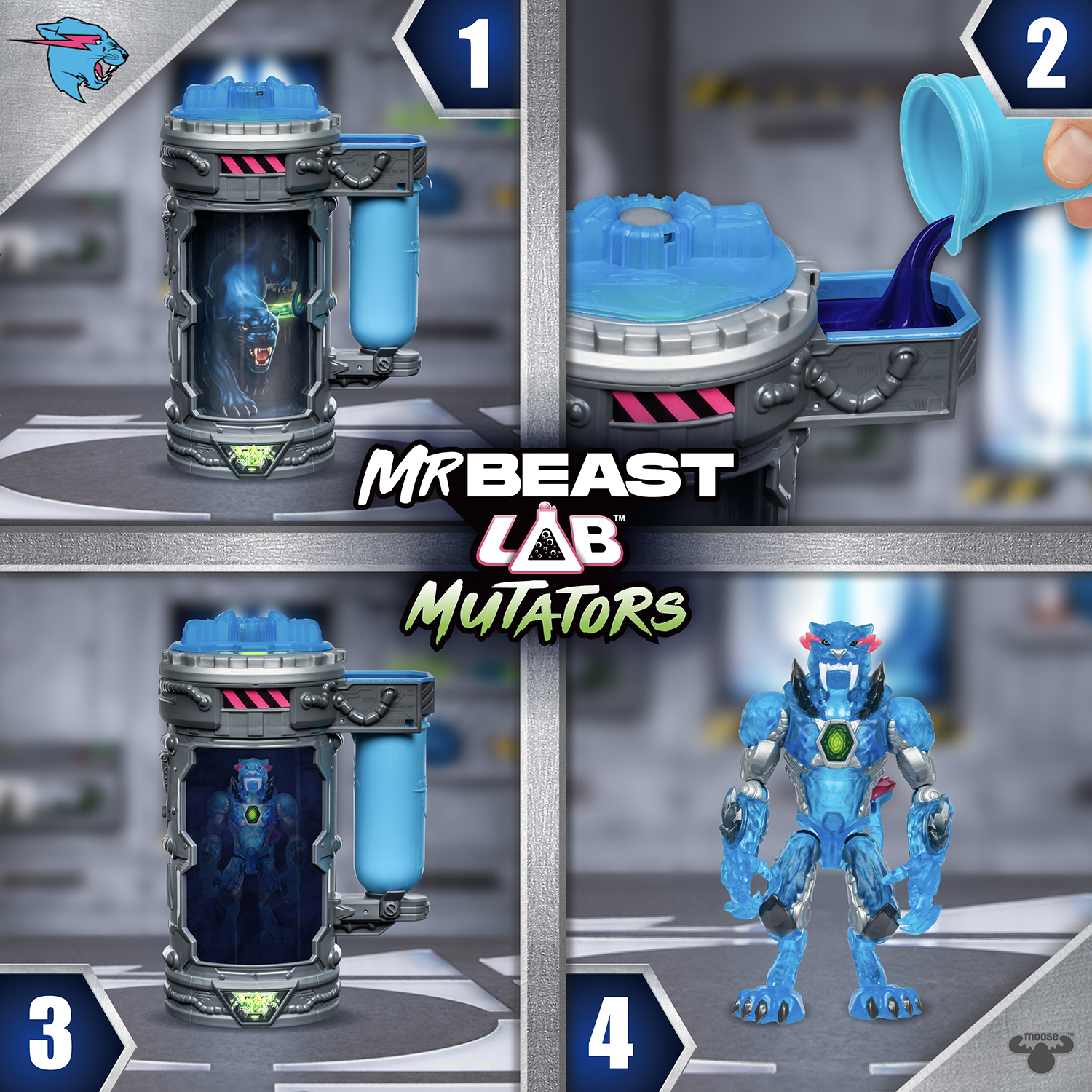 Ein viergeteiltes Bild, das ein MrBeast Lab Mutators-Spielzeugset zeigt. Jedes Feld zeigt einen Schritt der Verwandlung eines Panthers in einen Mutanten.