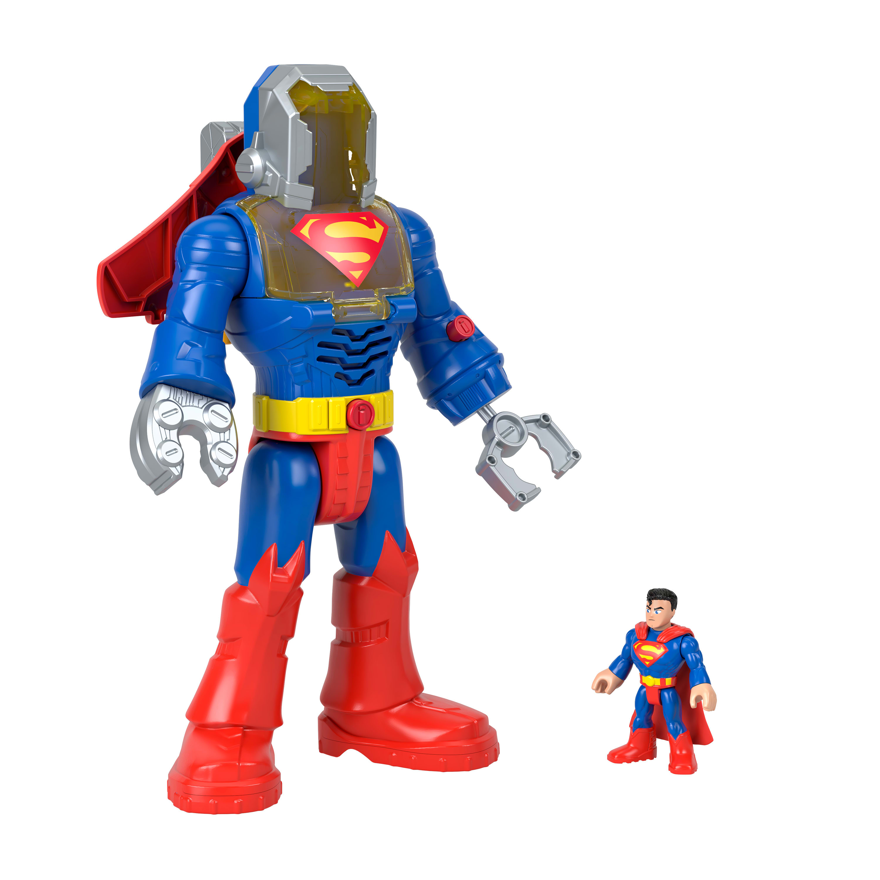 Figura de juguete de Superman con un gran traje mecánico azul y rojo. Superman está junto al mech.