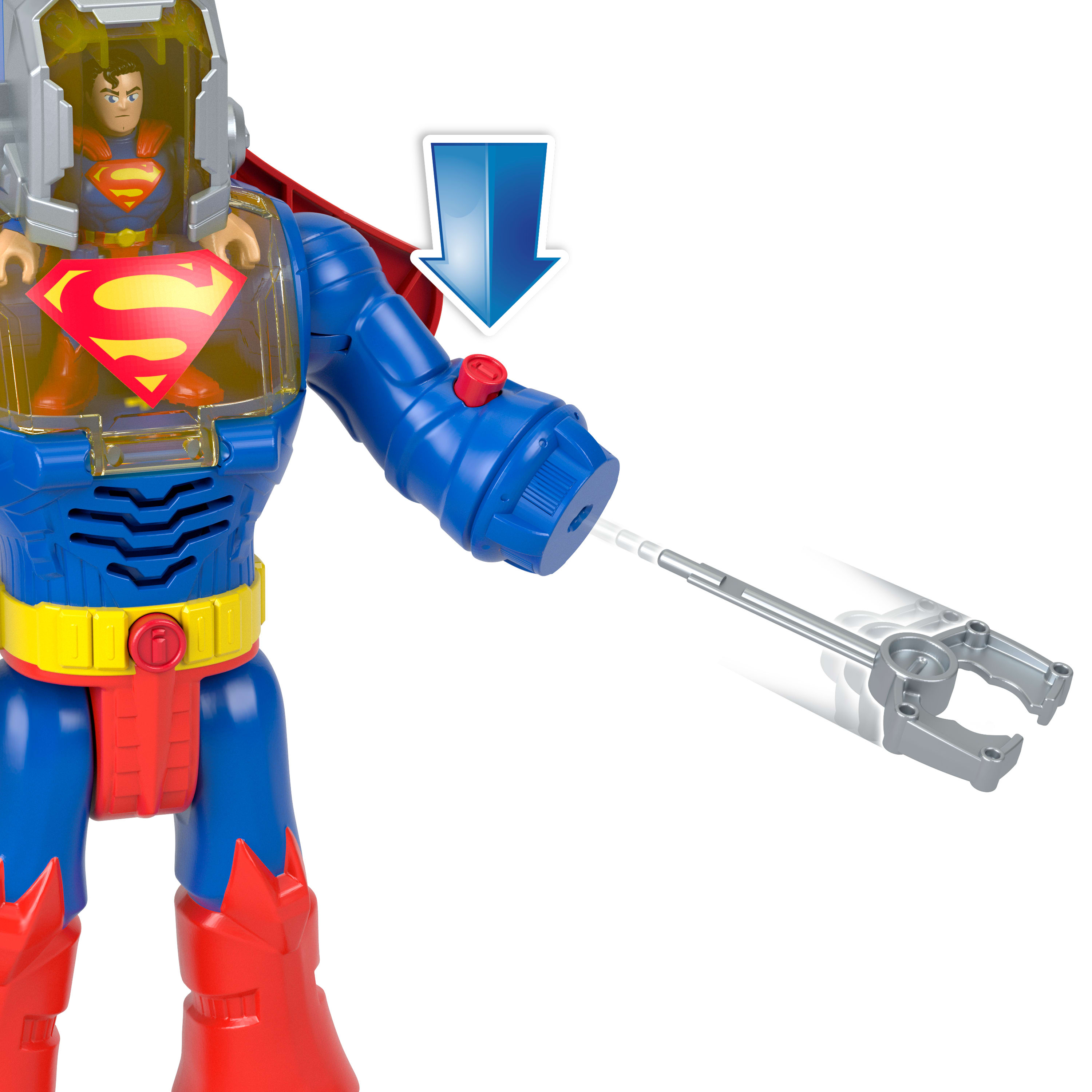 Un juguete de Superman con un traje azul y rojo y un cinturón amarillo. Una flecha azul apunta a un brazo plateado.