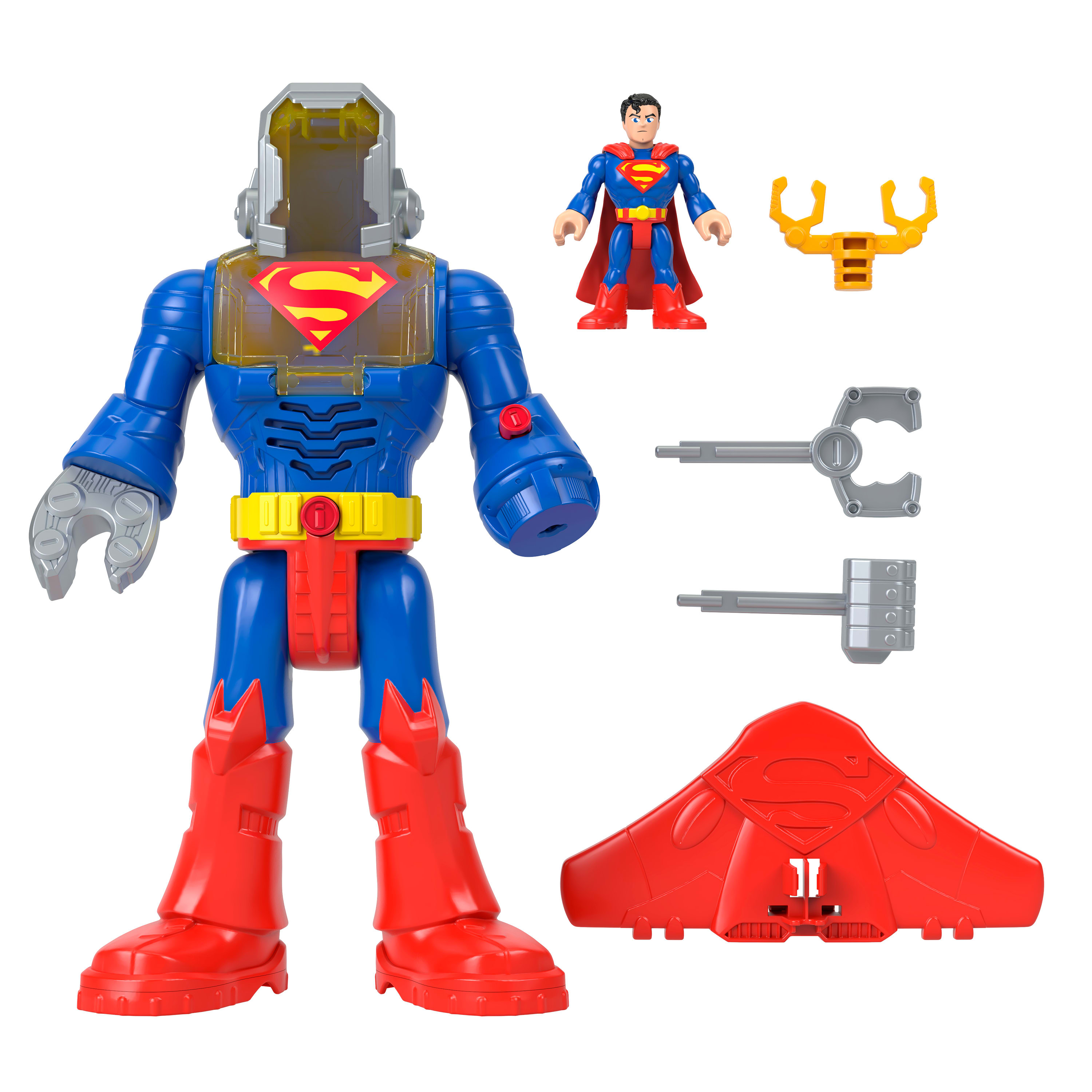 Un juguete de Superman con un gran traje de robot, figura de Superman, accesorios y capa roja. Todo sobre fondo blanco.