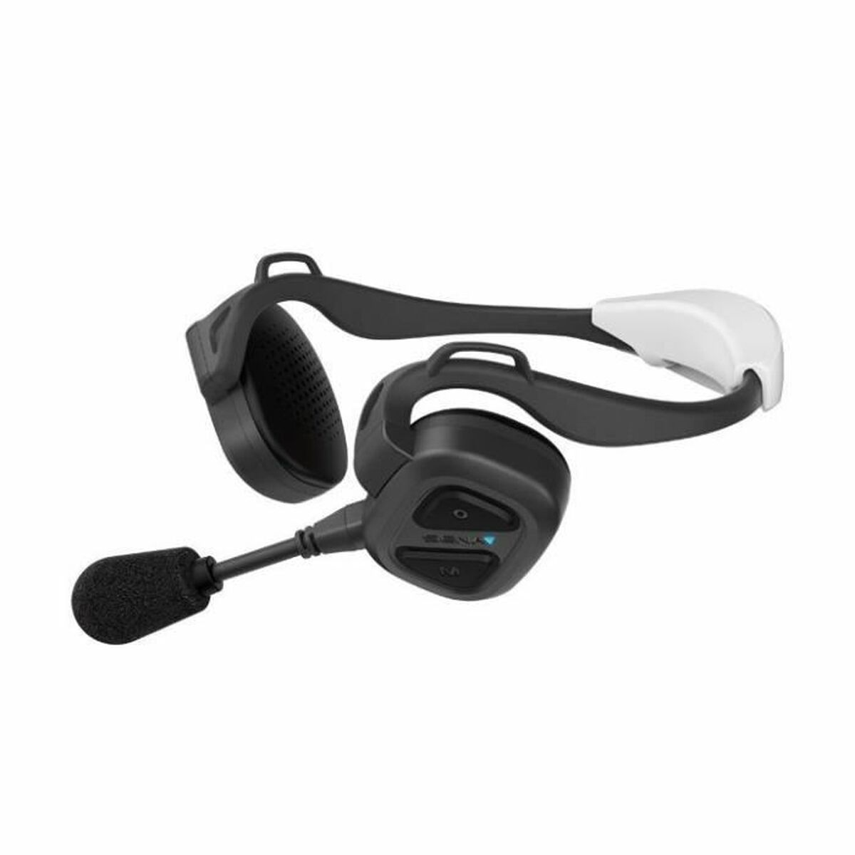 Un auricolare per casco da moto in bianco e nero. È dotato di microfono, padiglioni auricolari e fascia, isolato su sfondo bianco.
