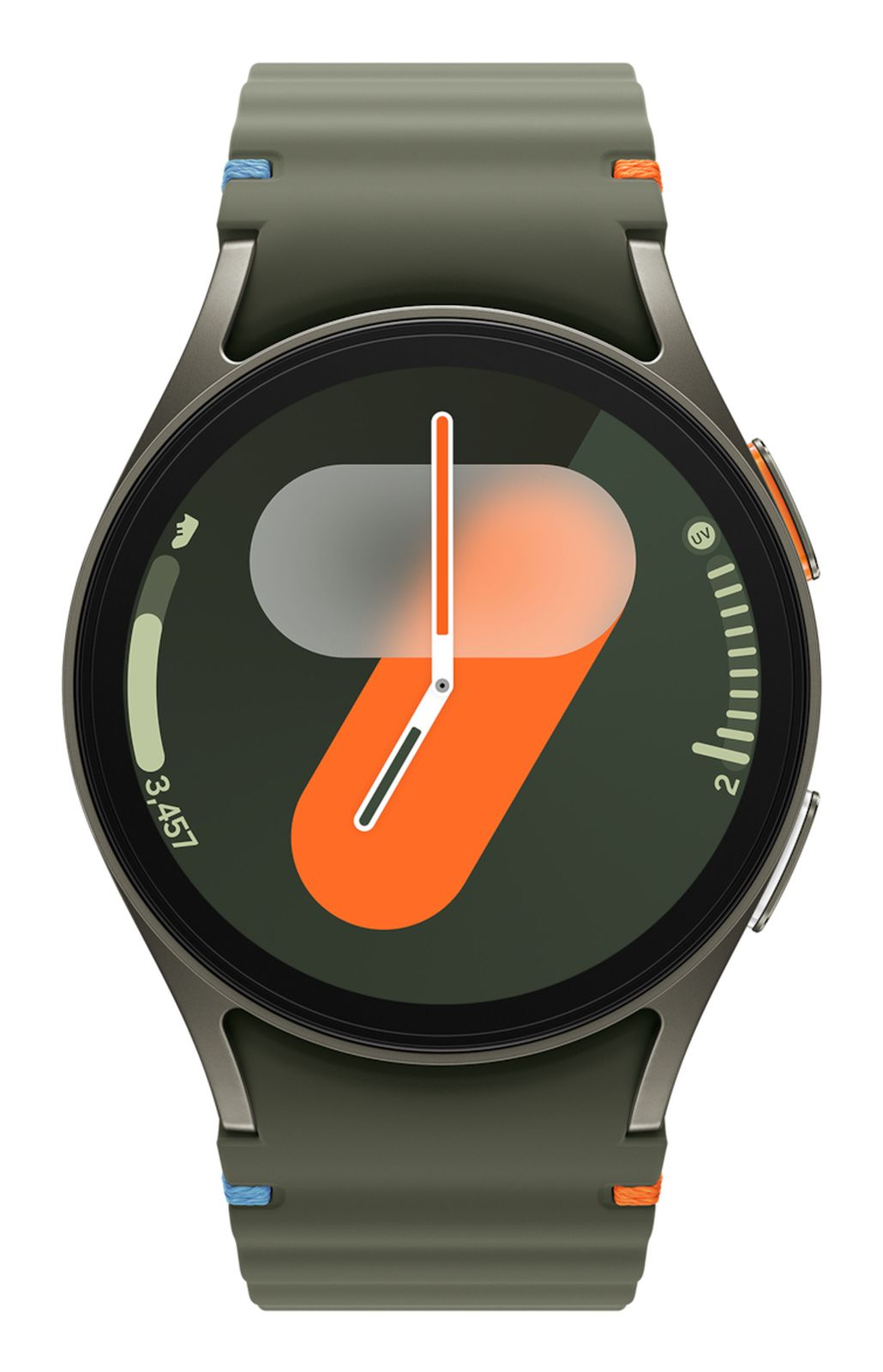 Uno smartwatch con cinturino e quadrante verdi. Il quadrante mostra un design arancione e bianco con dettagli dell'ora e indicatore UV.