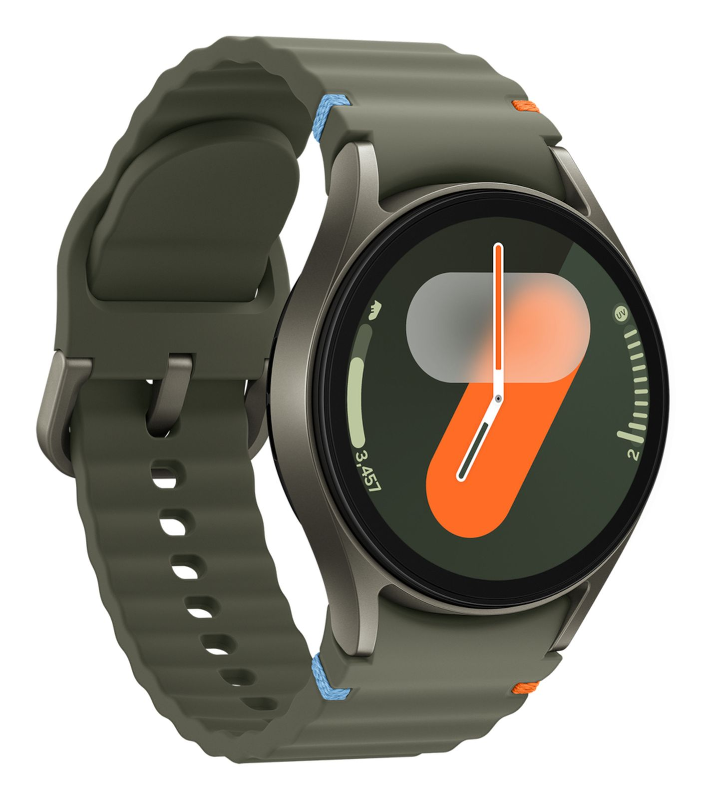 Uno smartwatch con cinturino verde e quadrante verde scuro. Il quadrante mostra ora e dati sanitari.