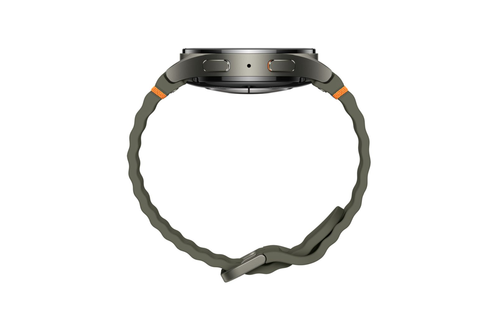 Vista laterale di uno smartwatch. Ha un cinturino verde con dettagli arancioni e un quadrante grigio scuro con pulsanti.