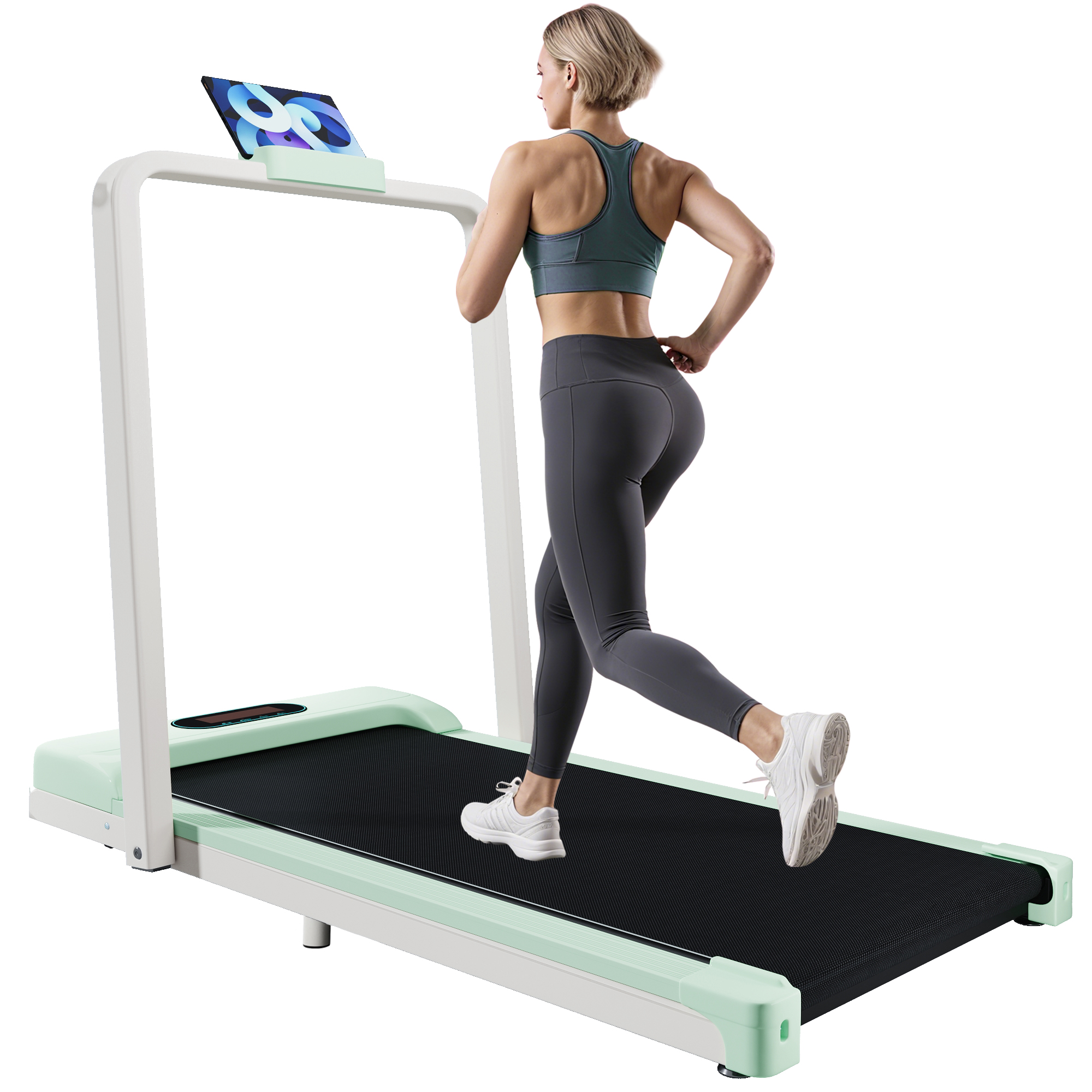 Frau mit grauen Leggings und Sport-BH läuft auf einem grün-weißen Laufband mit Tablet.