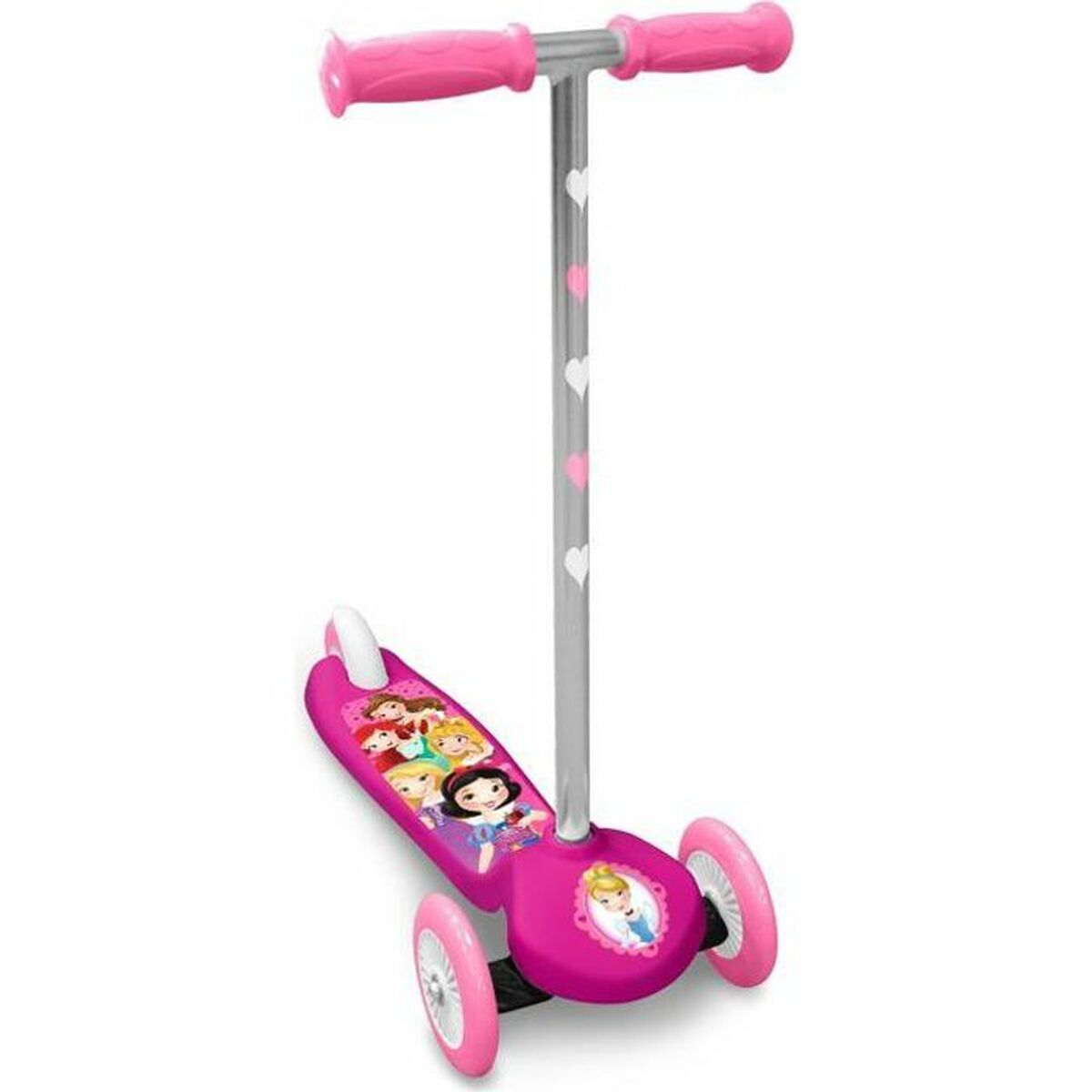 Un monopattino rosa a tre ruote. Ha manubri rosa, un palo argentato e immagini di principesse.