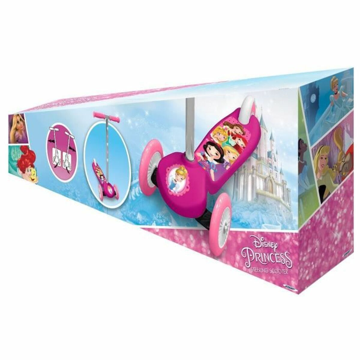 Un monopattino Disney Princess in una scatola. È rosa e presenta immagini di principesse Disney.