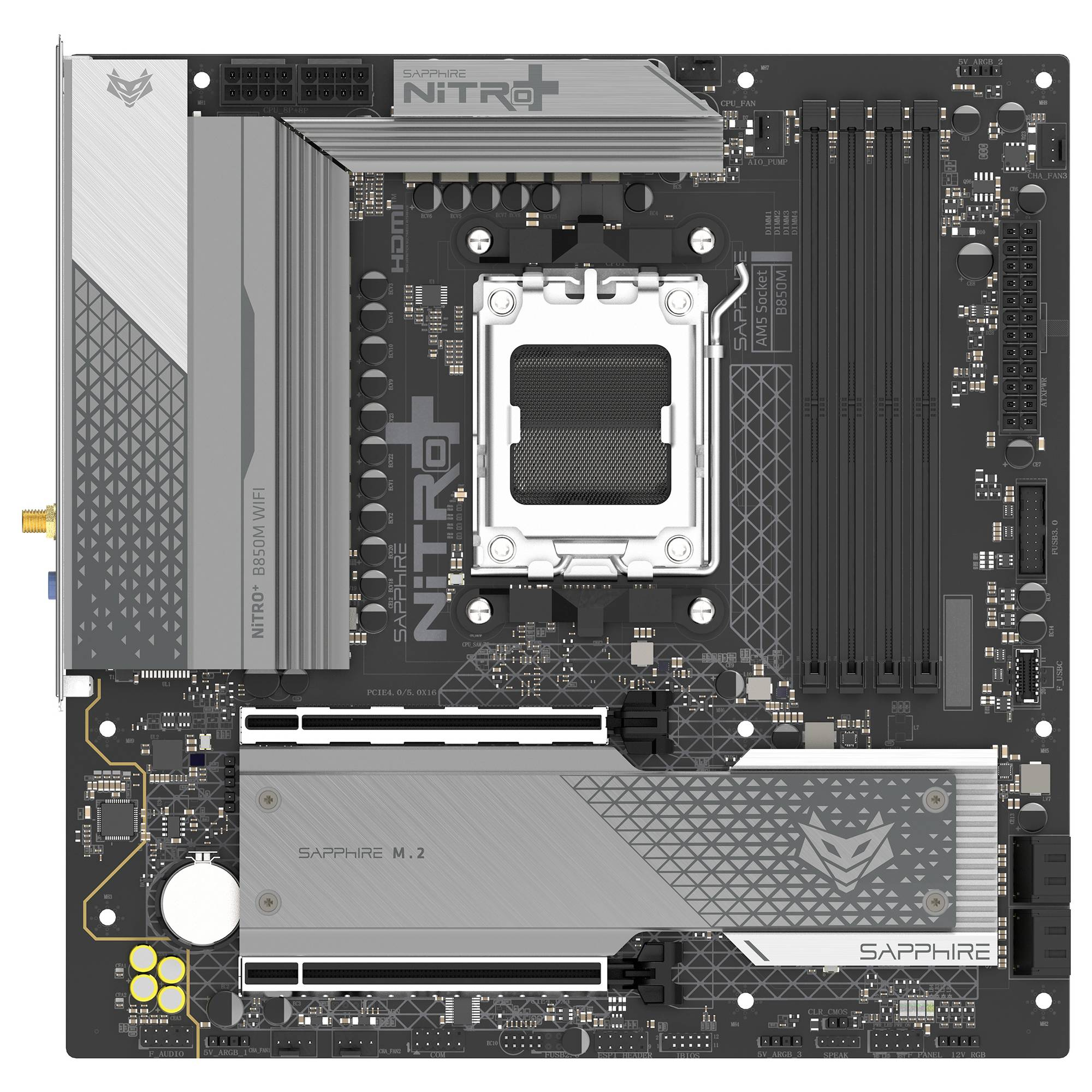 Płyta główna Sapphire Nitro+ B850M WiFi. Posiada gniazdo CPU, sloty RAM i różne złącza.