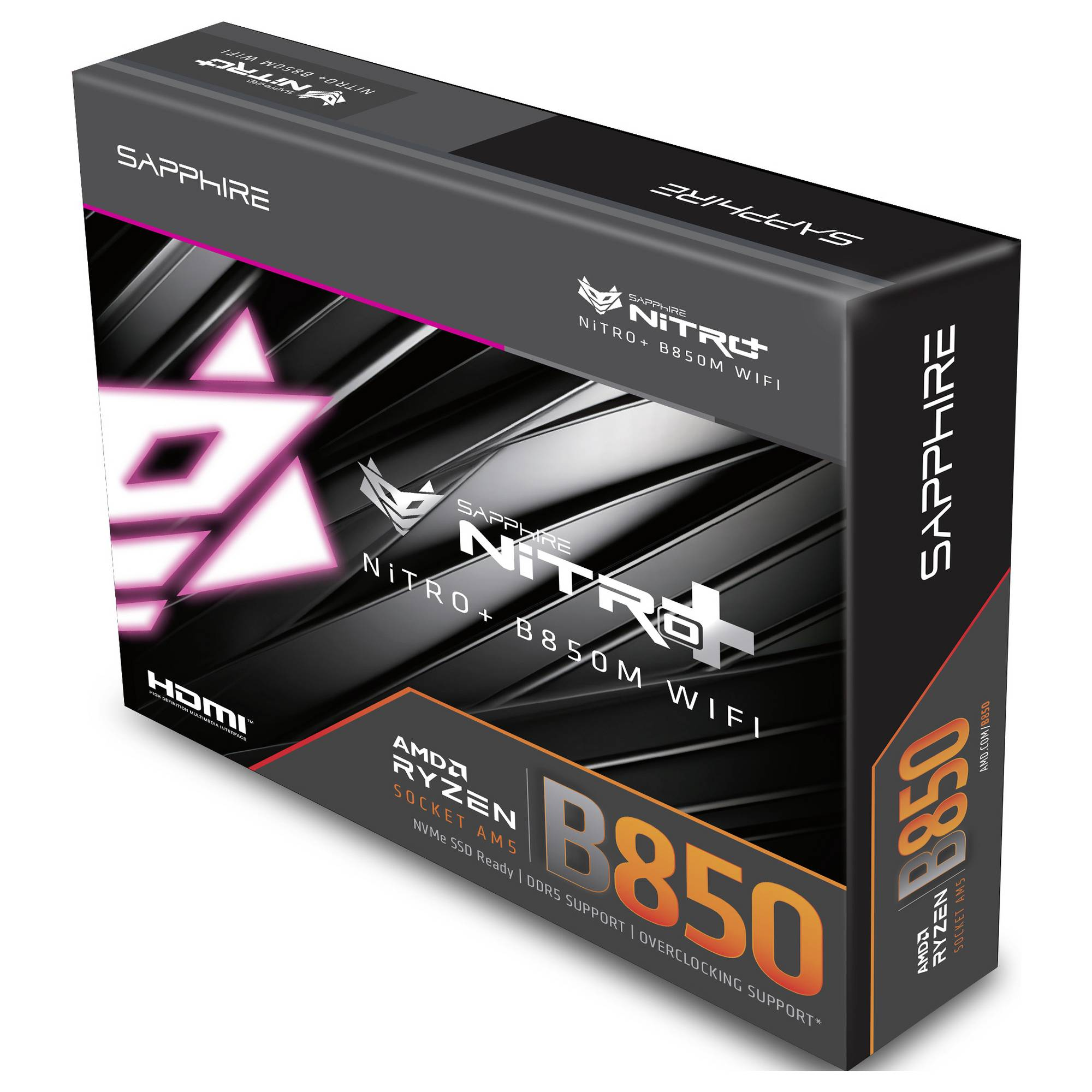Pudełko Sapphire Nitro+ B850M WIFI. Zawiera HDMI, AMD Ryzen i B850. Czarne pudełko z białym i pomarańczowym tekstem.