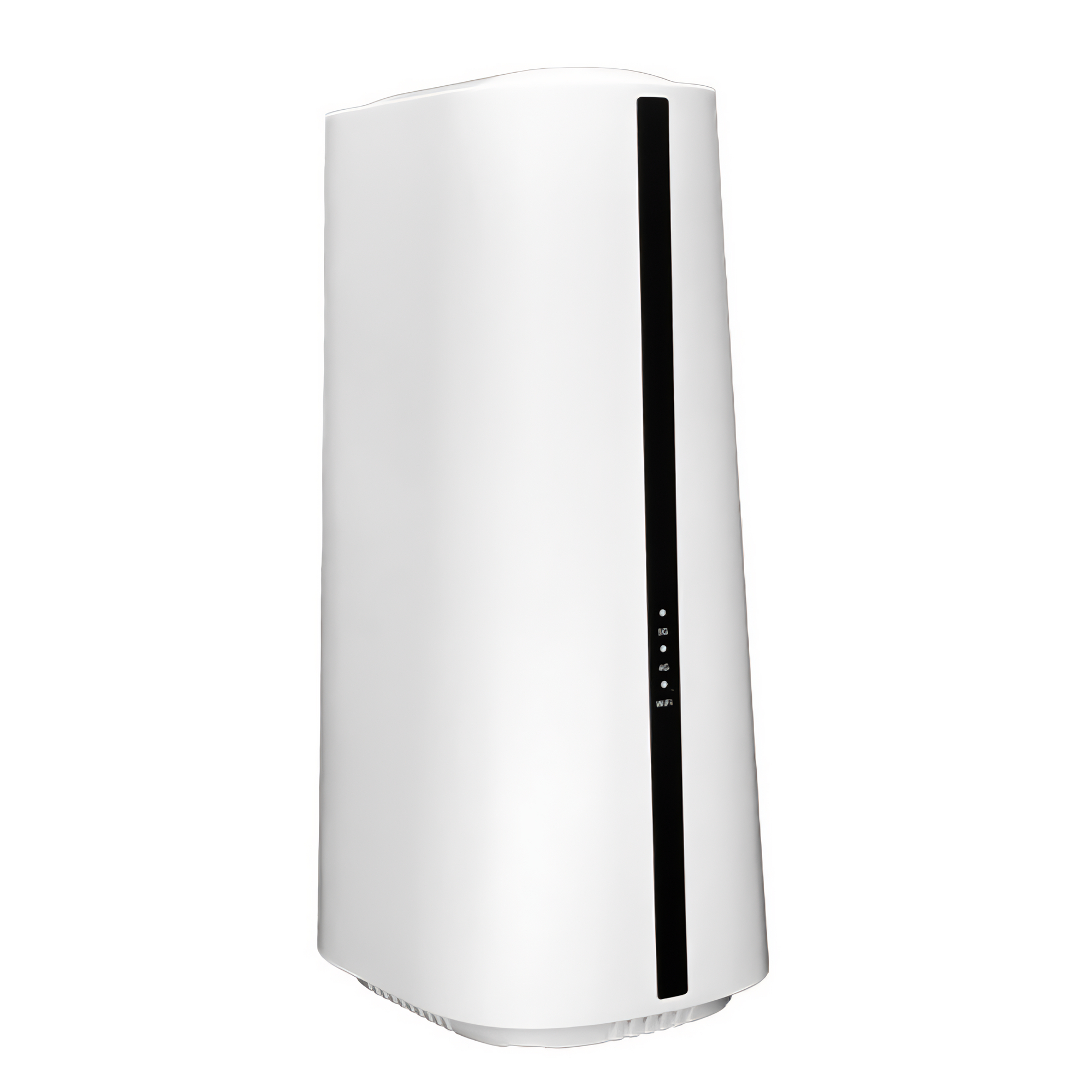 Weißer Router mit einem schwarzen vertikalen Streifen. Er hat Signalanzeigen für 5G, 4G und WLAN.