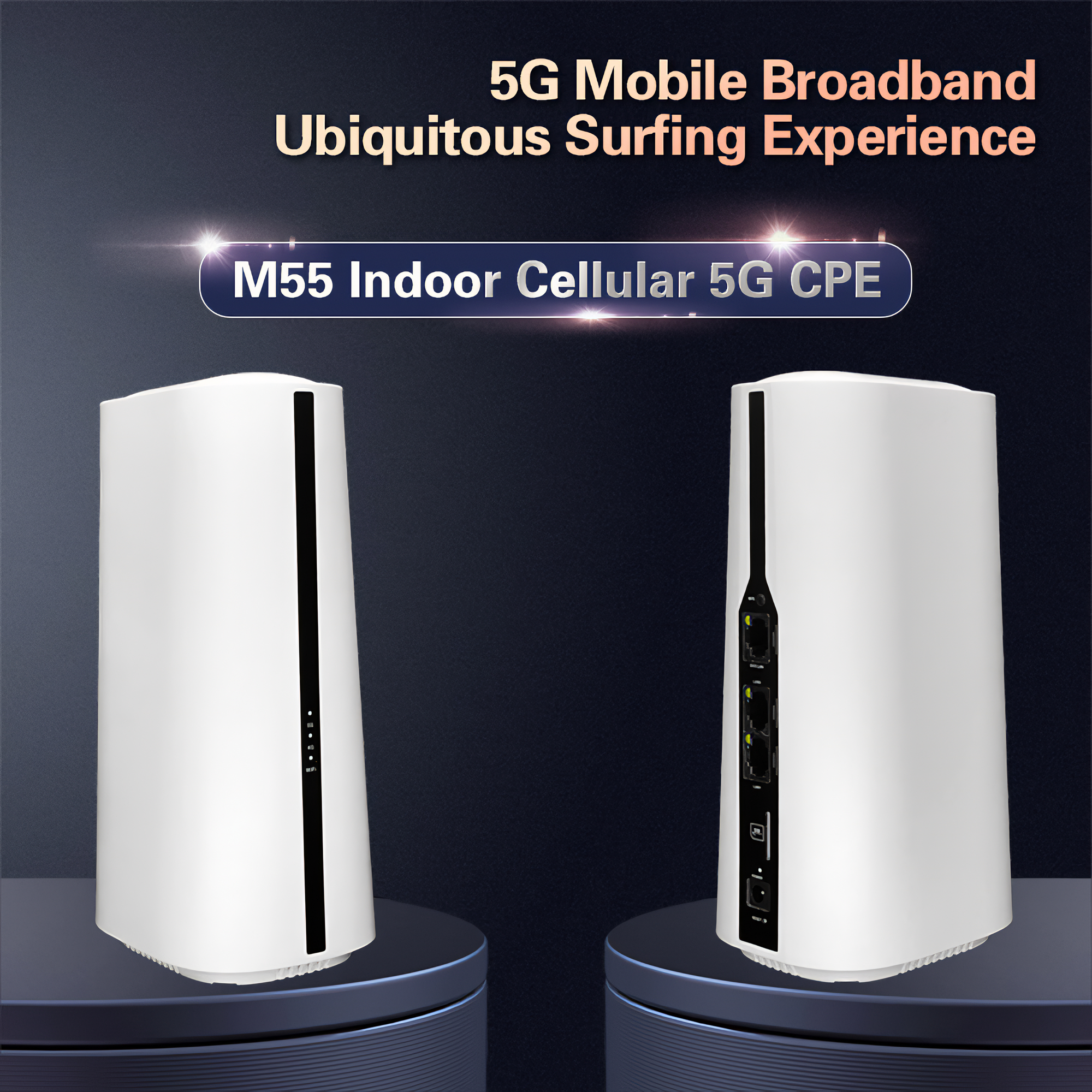 Zwei weiße 5G-CPE-Geräte auf blauen Plattformen, mit Text: 5G Mobile Broadband.