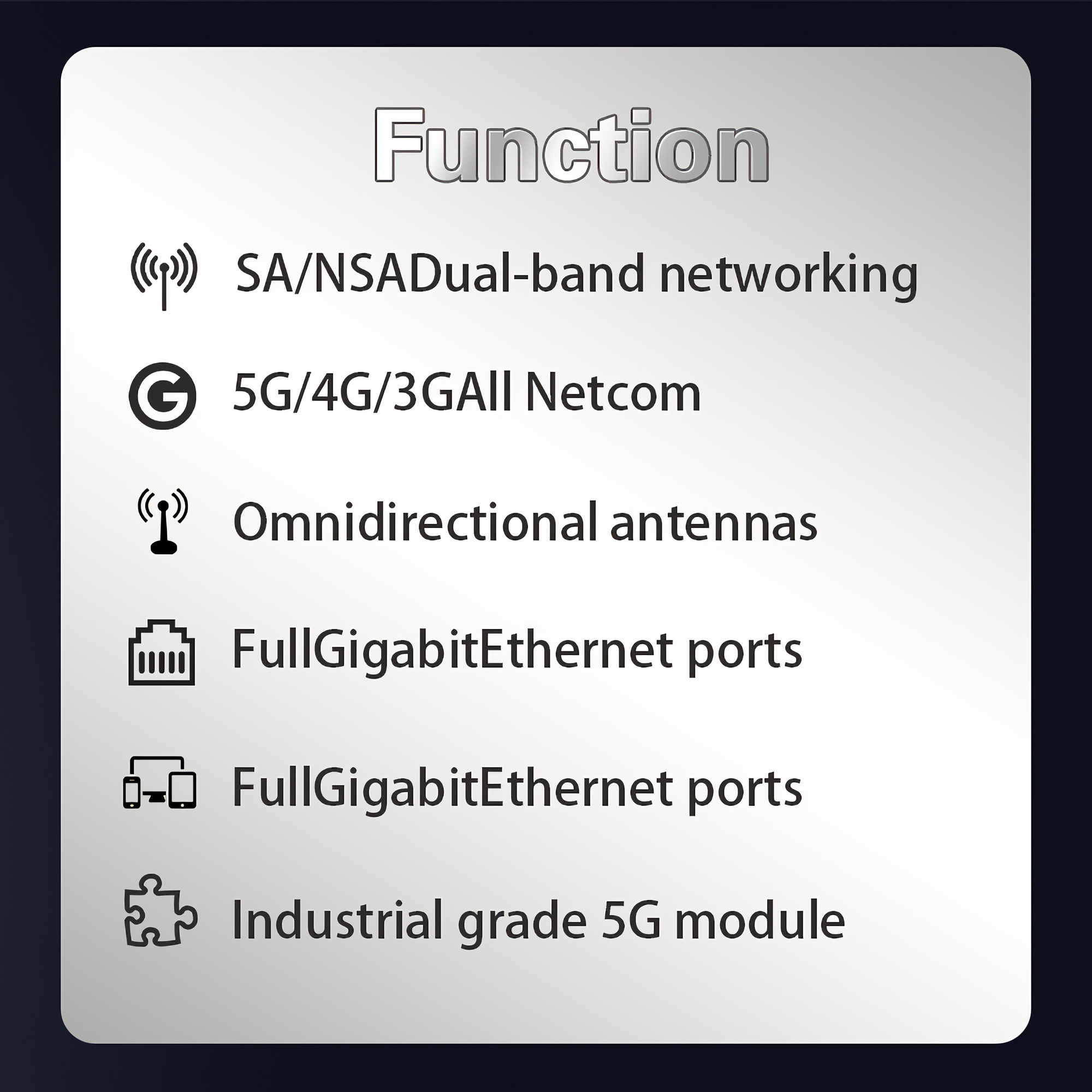 Das Bild zeigt Funktionen: SA/NSA, 5G/4G, Antennen, Ethernet-Anschlüsse und ein industrielles 5G-Modul.