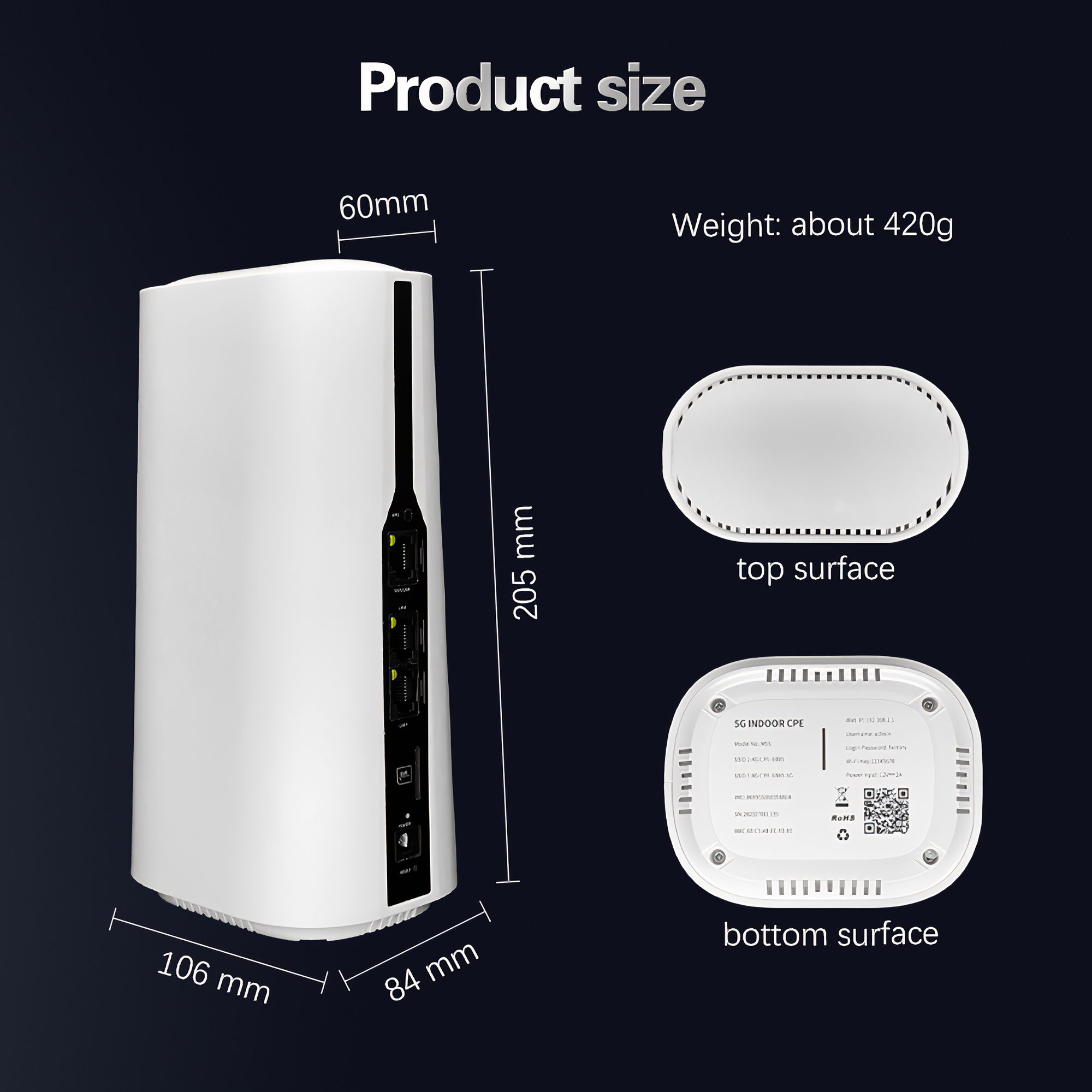 Ein weißer Router mit Abmessungen und Gewichtsangaben. Ober- und Unterseite sind dargestellt. Dunkler Hintergrund.
