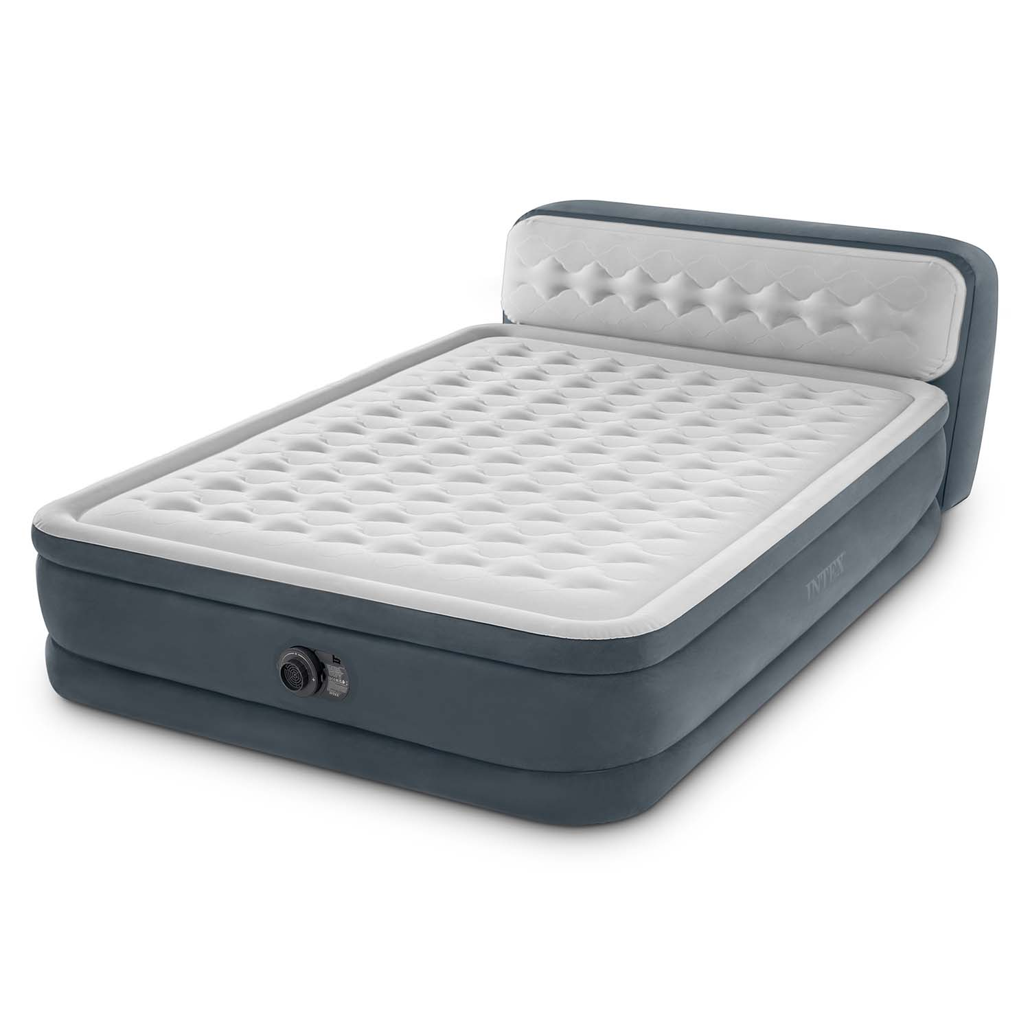 Szaro-białe nadmuchiwane łóżko z zagłówkiem na białym tle. Widoczne logo Intex.