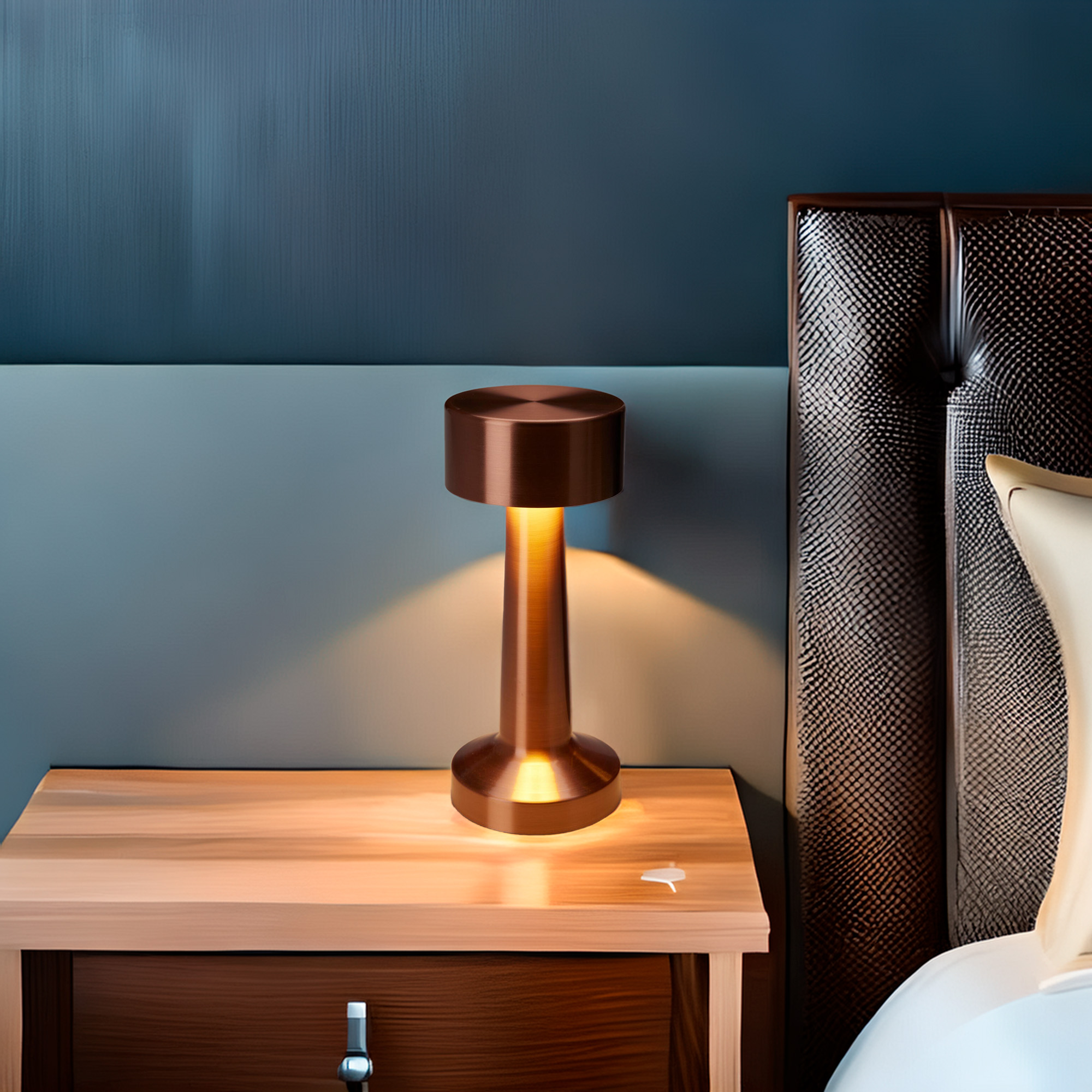 Una lámpara de noche de cobre sobre una mesita de noche de madera con un cajón. Un cabecero de cama a la derecha.