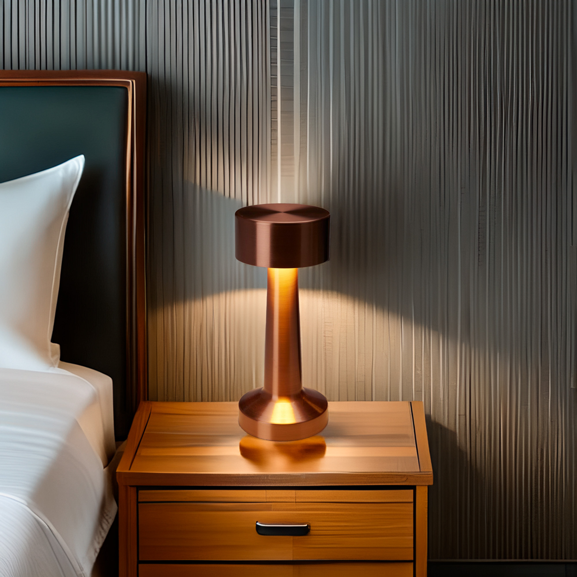Una lámpara de cobre sobre una mesita de noche de madera. Una cama a la izquierda. El fondo es una pared texturizada.