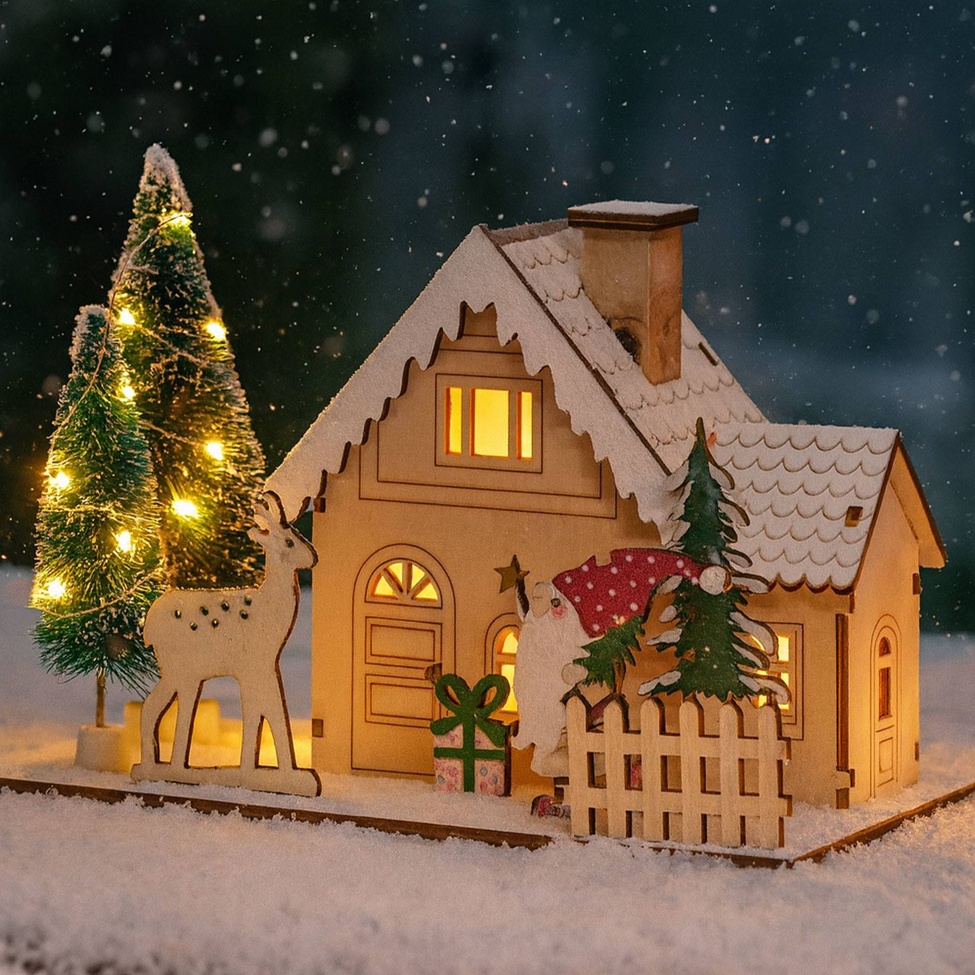 Una casa de Navidad de madera con un ciervo, pequeños árboles y una figura de Papá Noel. Nieve cayendo.